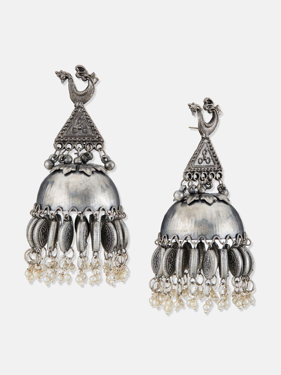 ATIBELLE German Silver Silver-Plated Studded and Beaded Peacock Shaped Jhumkas Earrings