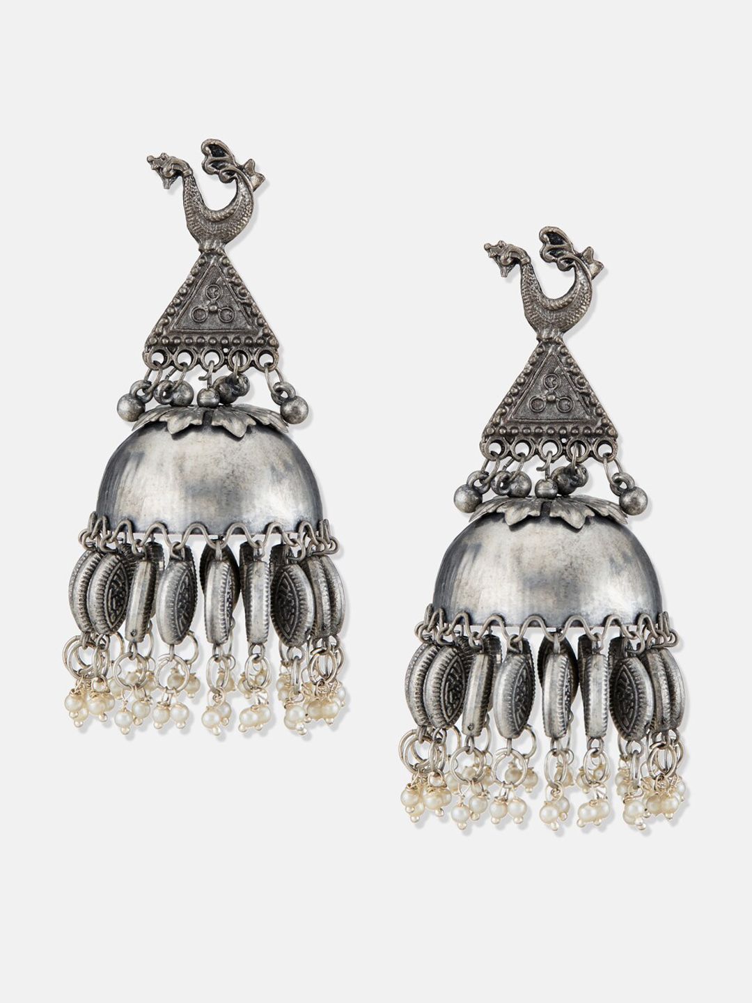 ATIBELLE German Silver Silver-Plated Studded and Beaded Peacock Shaped Jhumkas Earrings