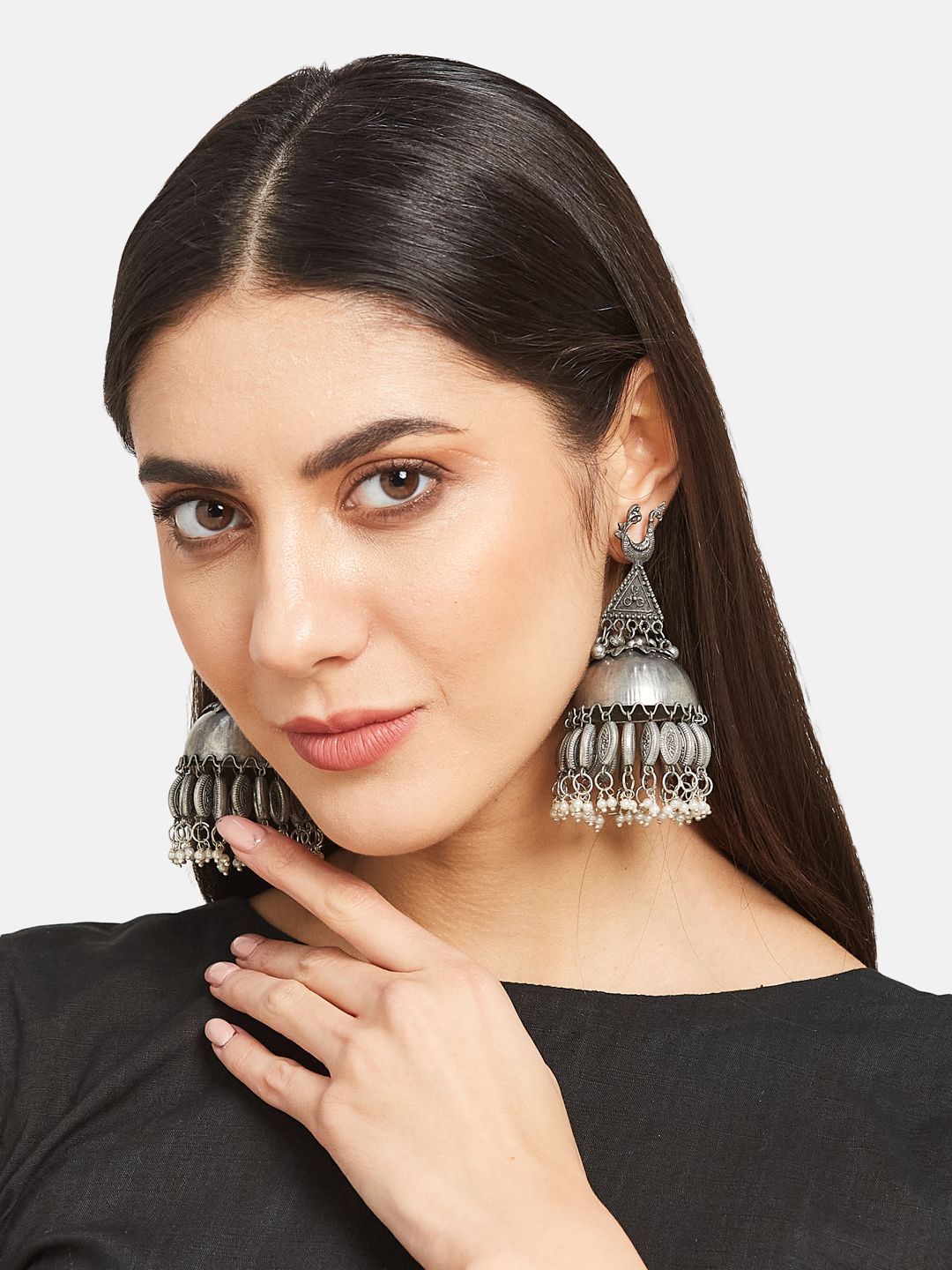 ATIBELLE German Silver Silver-Plated Studded and Beaded Peacock Shaped Jhumkas Earrings