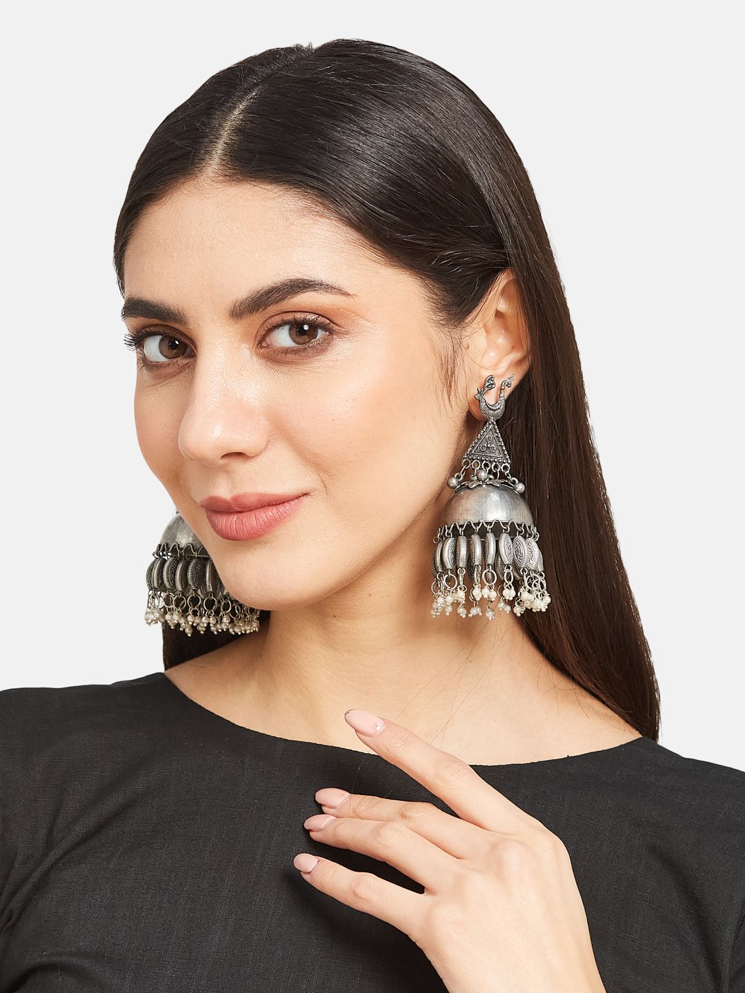 ATIBELLE German Silver Silver-Plated Studded and Beaded Peacock Shaped Jhumkas Earrings