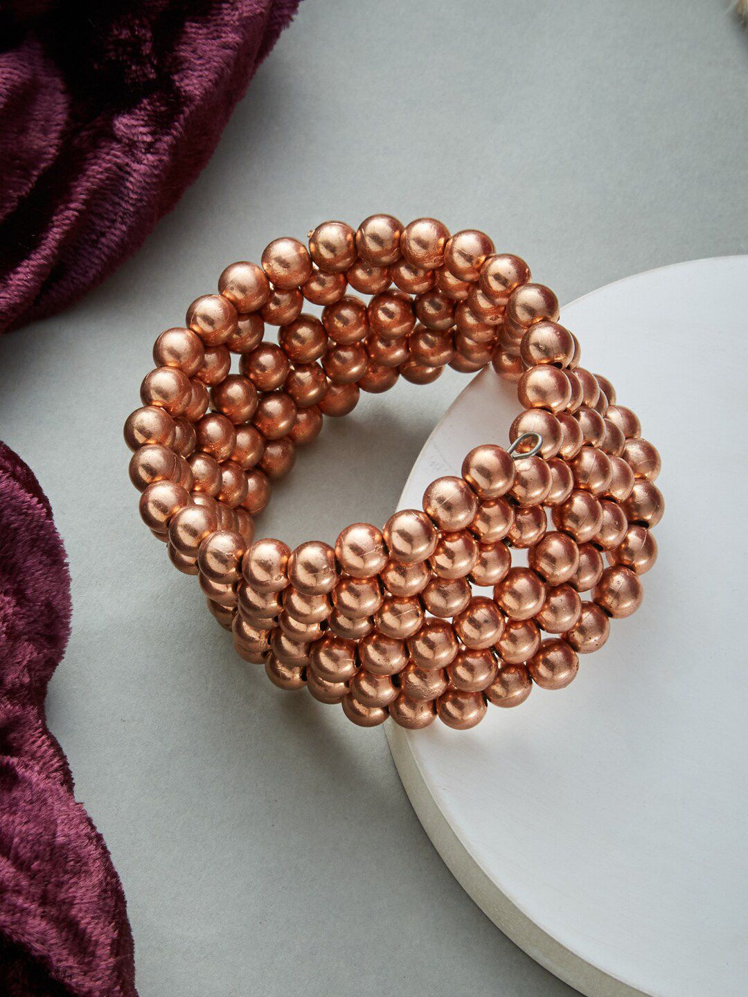 ATIBELLE Copper Plated & Beaded Layered Adjustable Spiral Bangle Style Bracelet
