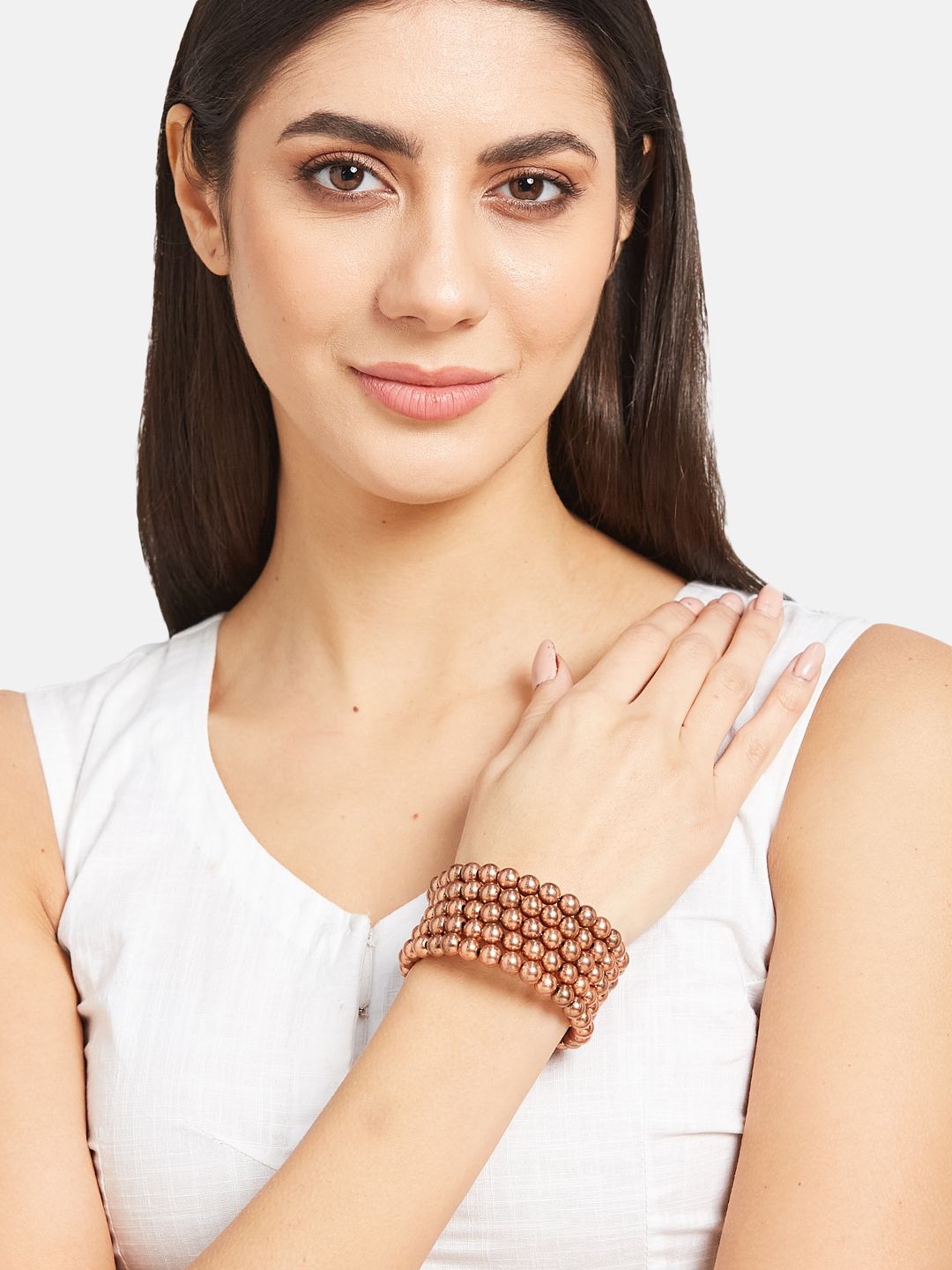 ATIBELLE Copper Plated & Beaded Layered Adjustable Spiral Bangle Style Bracelet