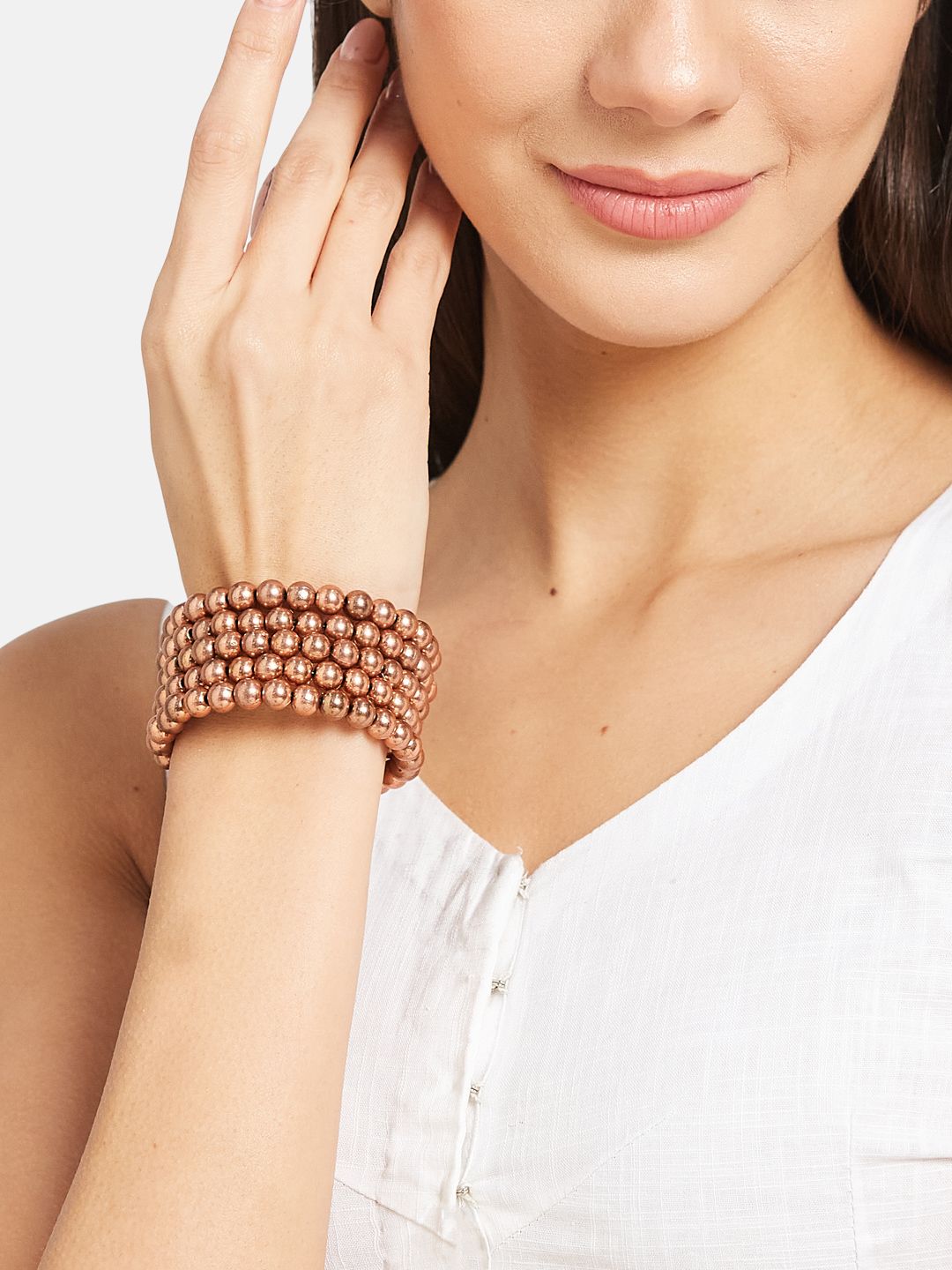 ATIBELLE Copper Plated & Beaded Layered Adjustable Spiral Bangle Style Bracelet
