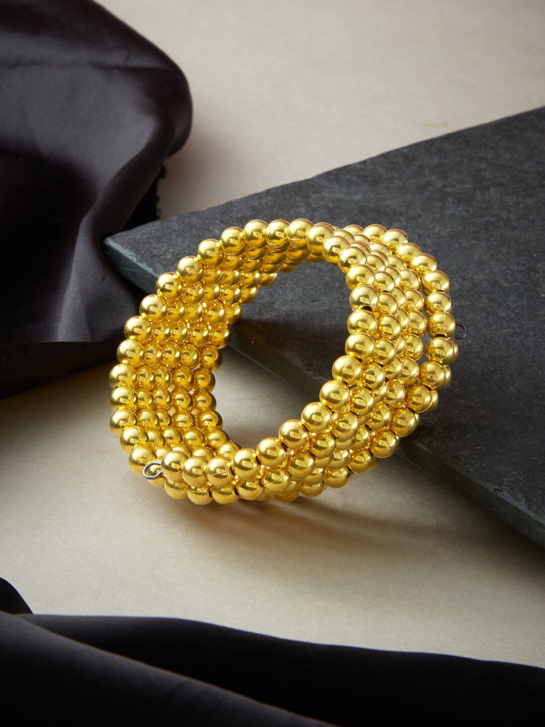 ATIBELLE Gold Plated & Beaded Layered Adjustable Spiral Bangle Style Bracelet