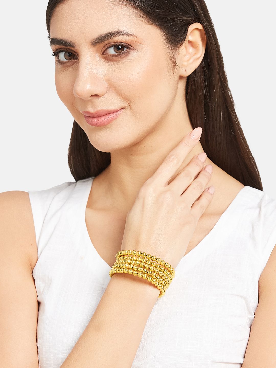ATIBELLE Gold Plated & Beaded Layered Adjustable Spiral Bangle Style Bracelet