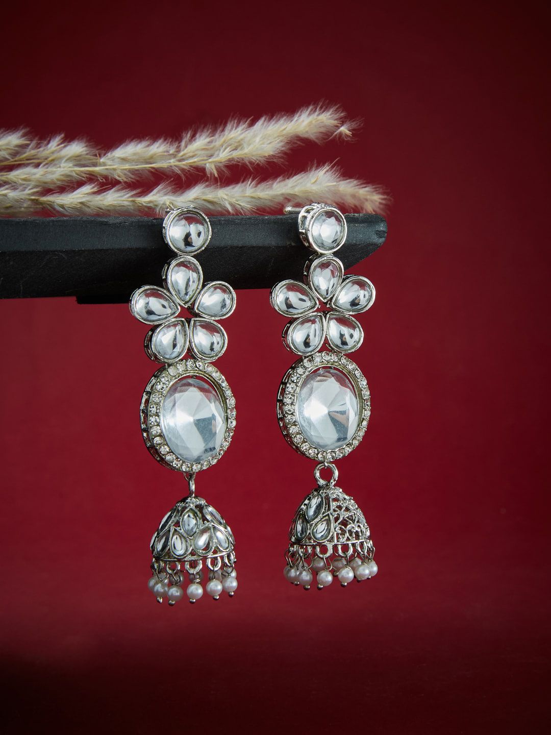 ATIBELLE Silver Plated Kundan Jumkas