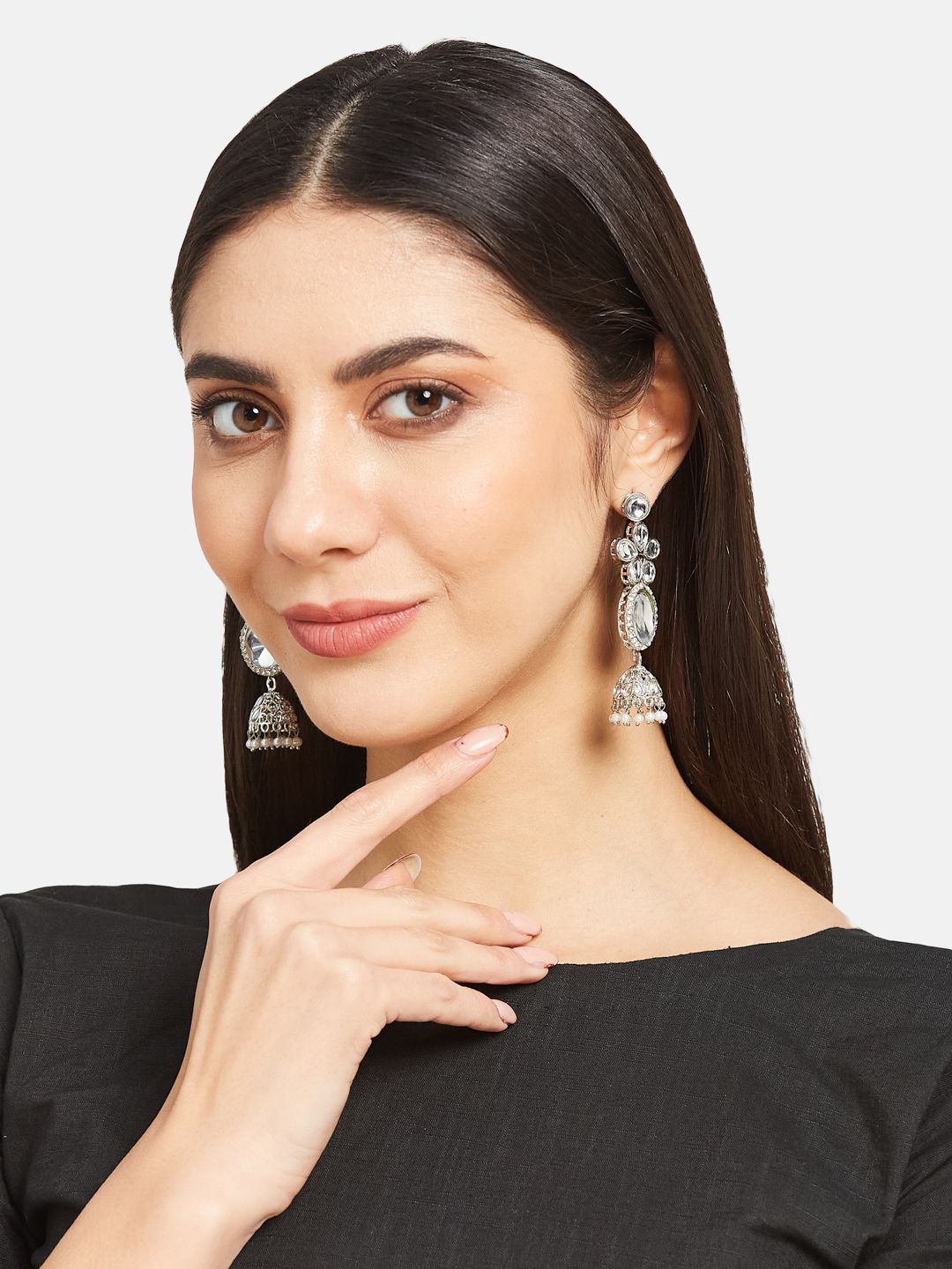 ATIBELLE Silver Plated Kundan Jumkas