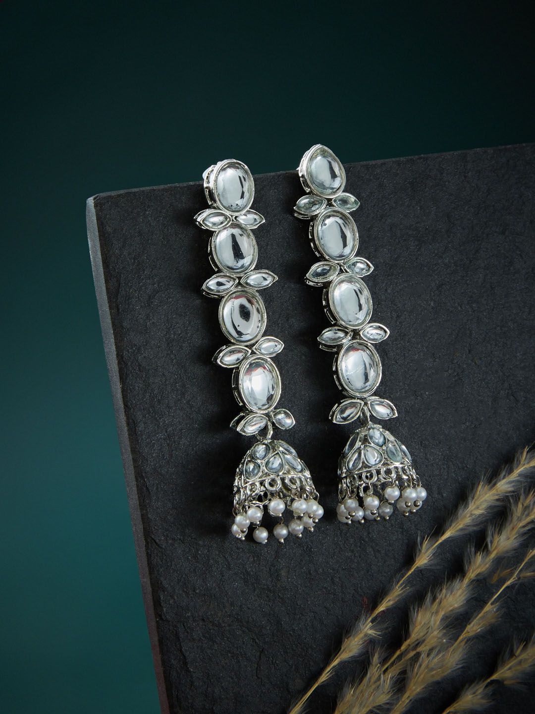 ATIBELLE Silver-Toned & White Kundan Earrings