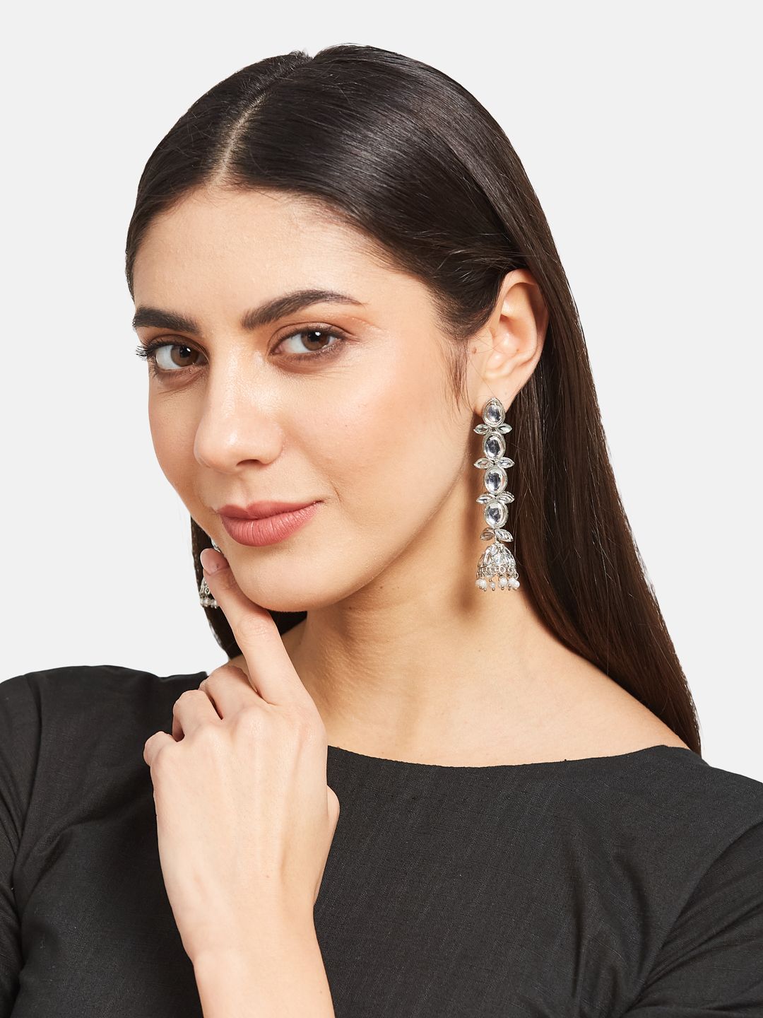 ATIBELLE Silver-Toned & White Kundan Earrings