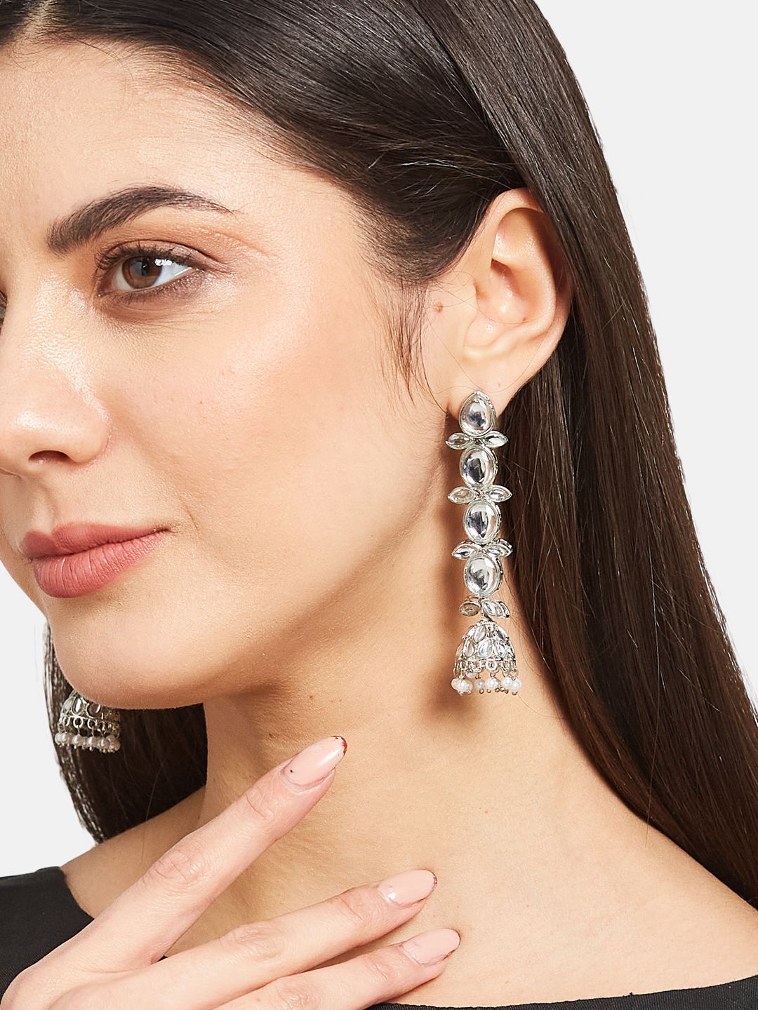 ATIBELLE Silver-Toned & White Kundan Earrings