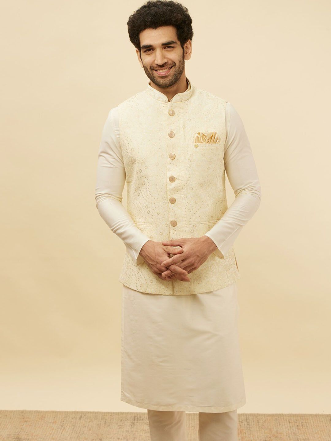 Manyavar Woven Design Mandarin Collar Nehru Jacket-picture-19
