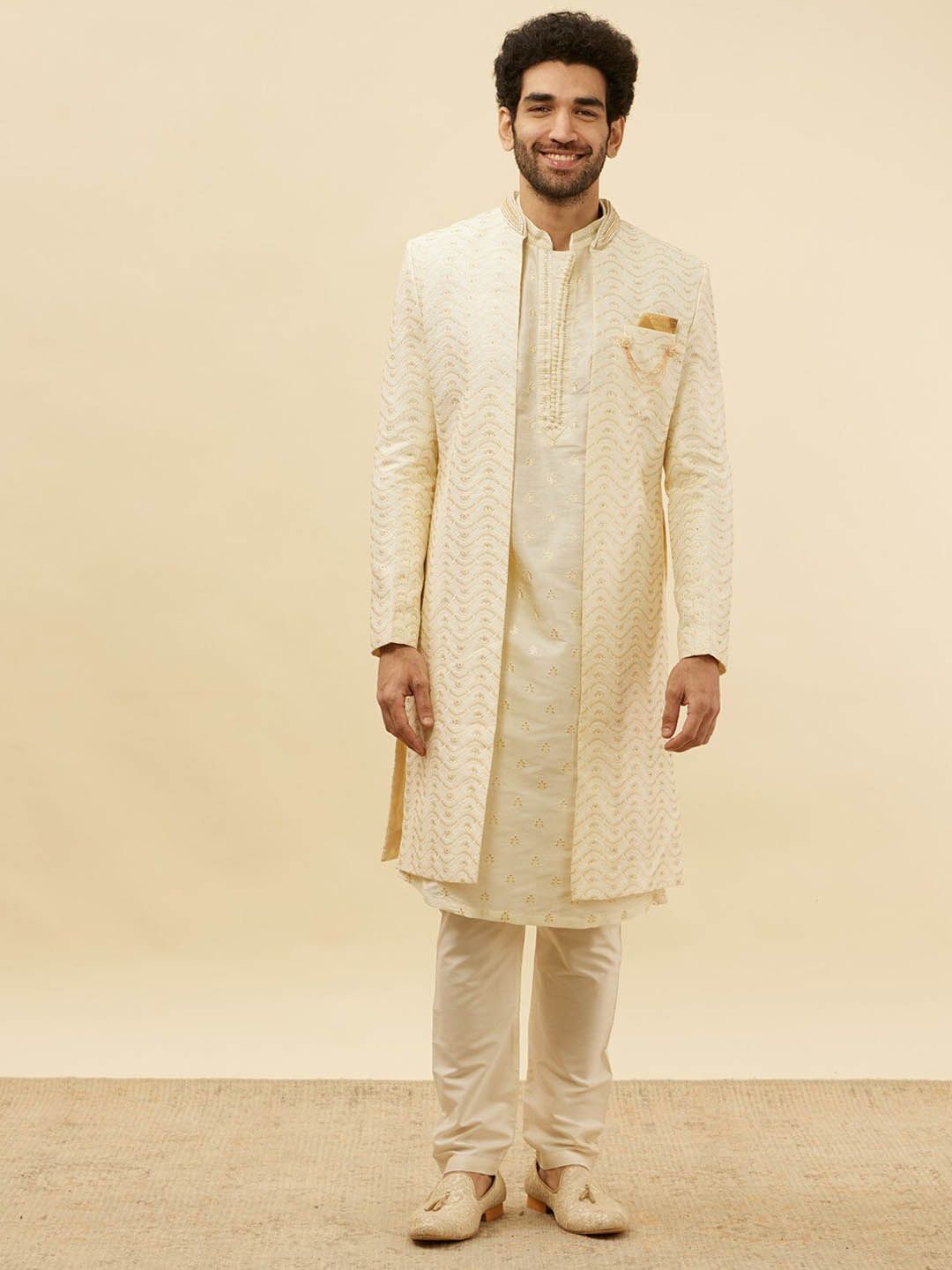 Manyavar Floral Embroidered Mandarin Collar Beads & Stones Sherwani With Pyjama & Coat-picture-37