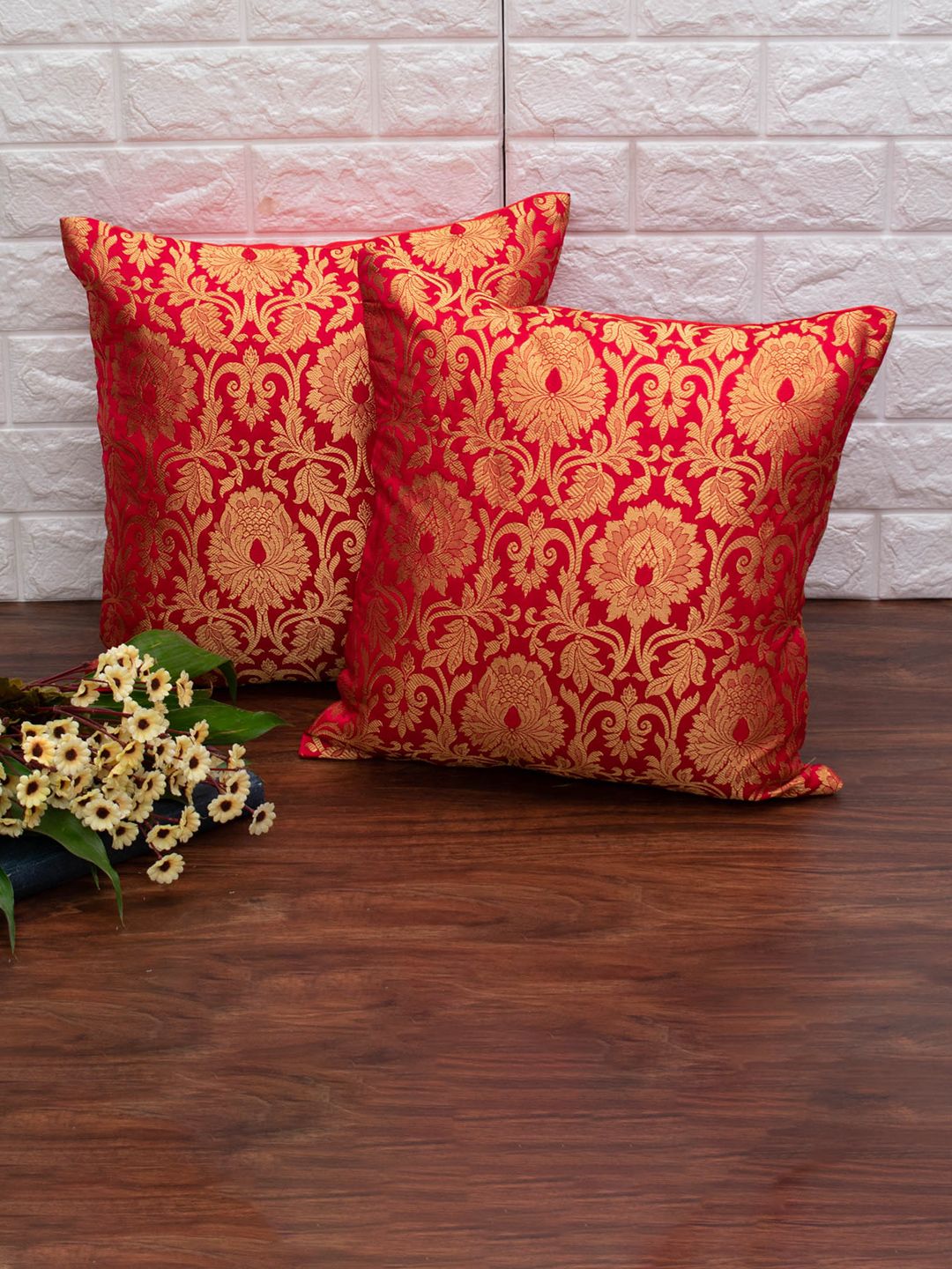 RoyalDeco 2 Pcs Red & Golden Ethnic Motifs Banarasi Brocade Silk Square Cushion Covers-picture-10