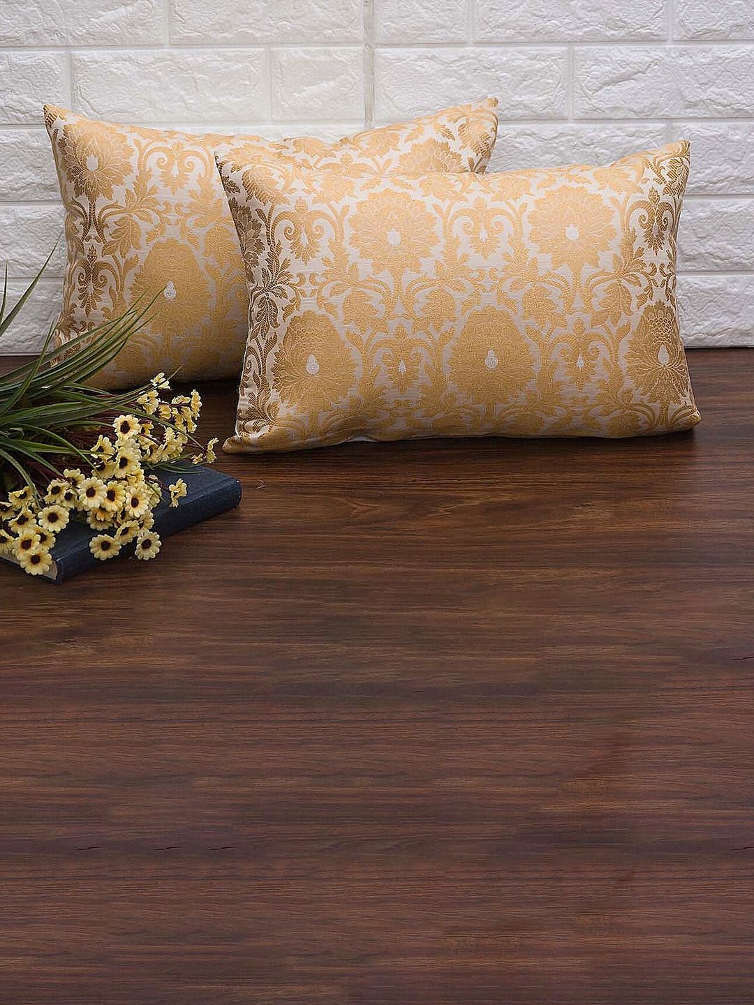 RoyalDeco 2 Pcs White Ethnic Motifs Banarasi Brocade Silk Rectangle Cushion Covers-picture-10