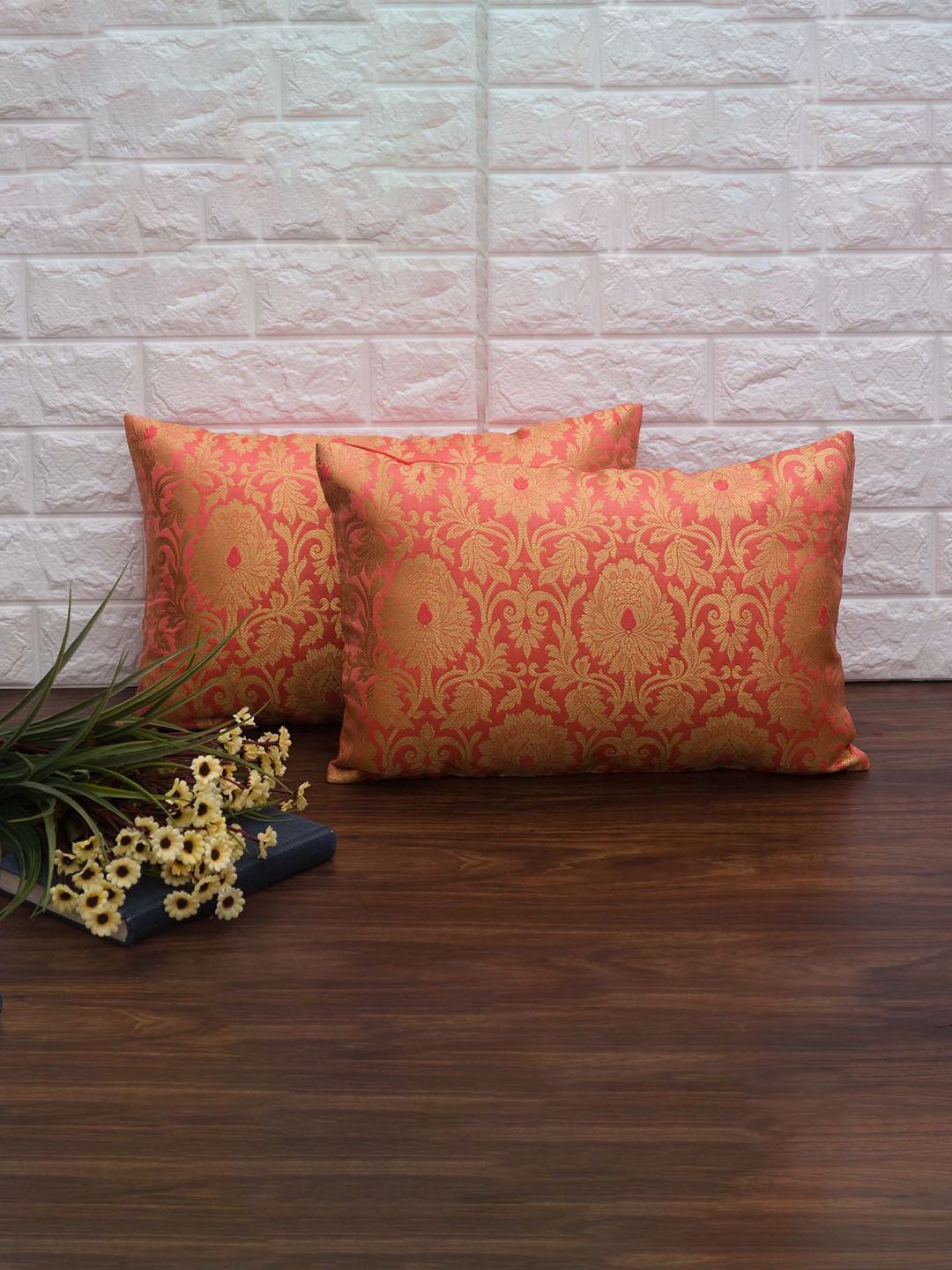 RoyalDeco 2 Pcs Coral Pink Ethnic Motifs Banarasi Brocade Silk Rectangle Cushion Covers-picture-12