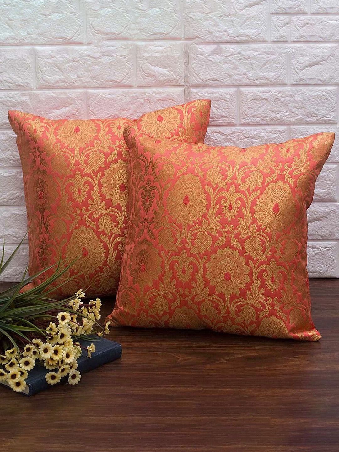 RoyalDeco Coral & Gold Toned 2 Pieces Ethnic Banarasi Brocade Silk Square Cushion Covers-picture-37