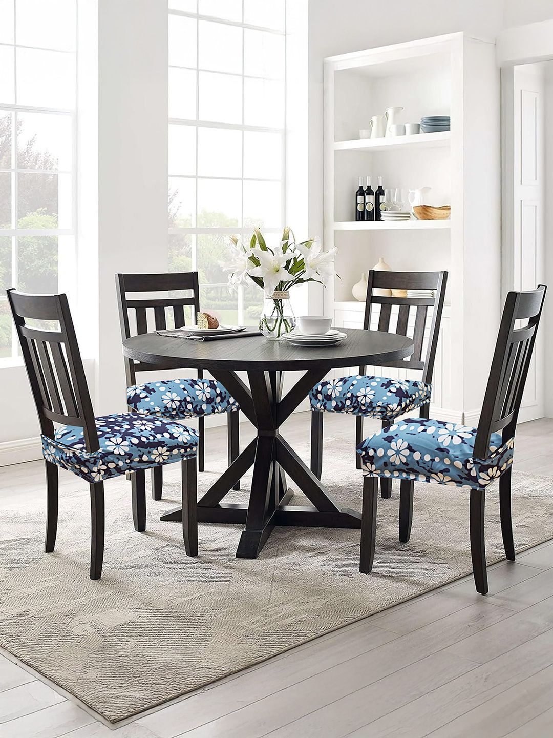 ohello 4 Pcs White & Blue Floral Printed Elasticated Fitted Polyester Chair Seat Covers-picture-13