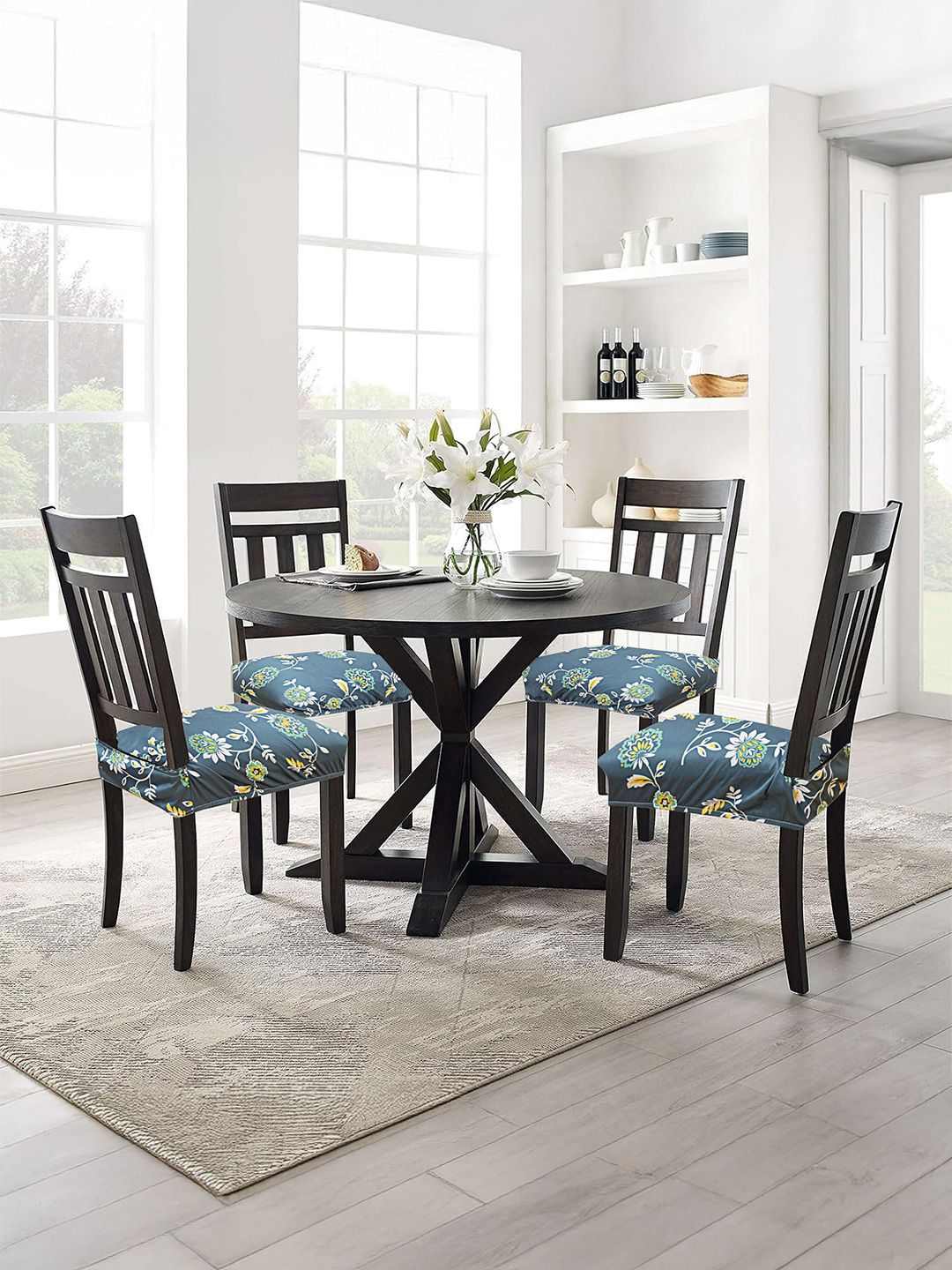 ohello 4 Pcs Blue Floral Printed Elasticated Fitted Polyester Chair Seat Covers-picture-19