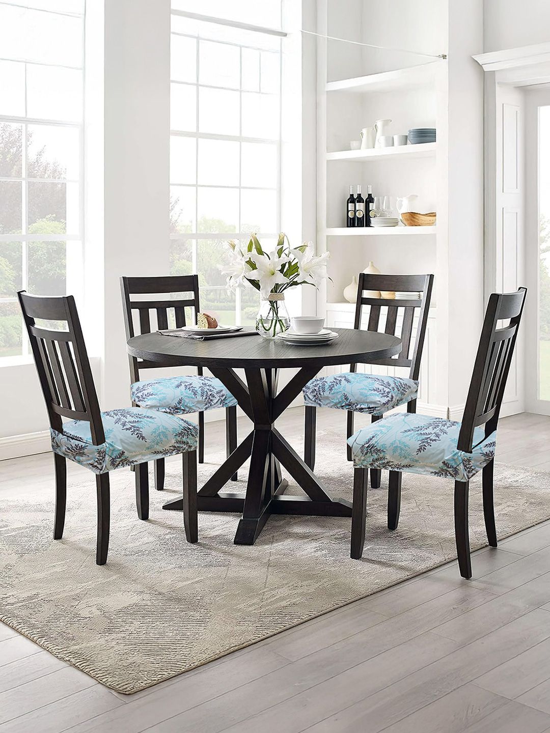 ohello 4 Pcs Light Blue Floral Printed Elasticated Fitted Polyester Chair Seat Covers-picture-12