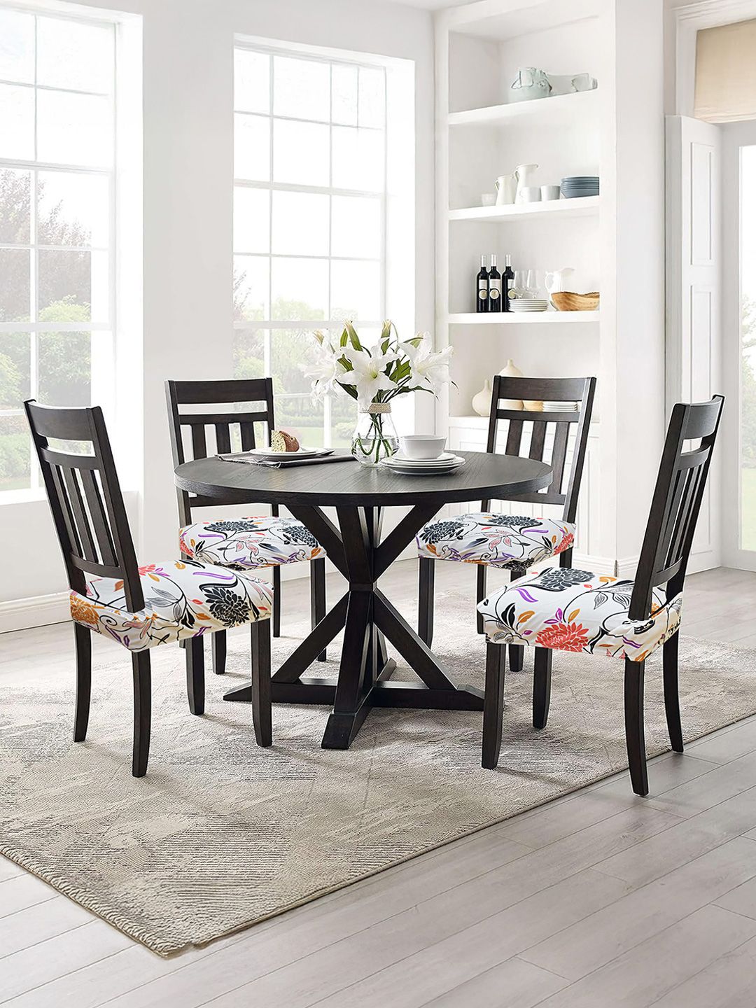 ohello 4 Pcs Multicolor Floral Printed Elasticated Fitted Polyester Chair Seat Covers-picture-11