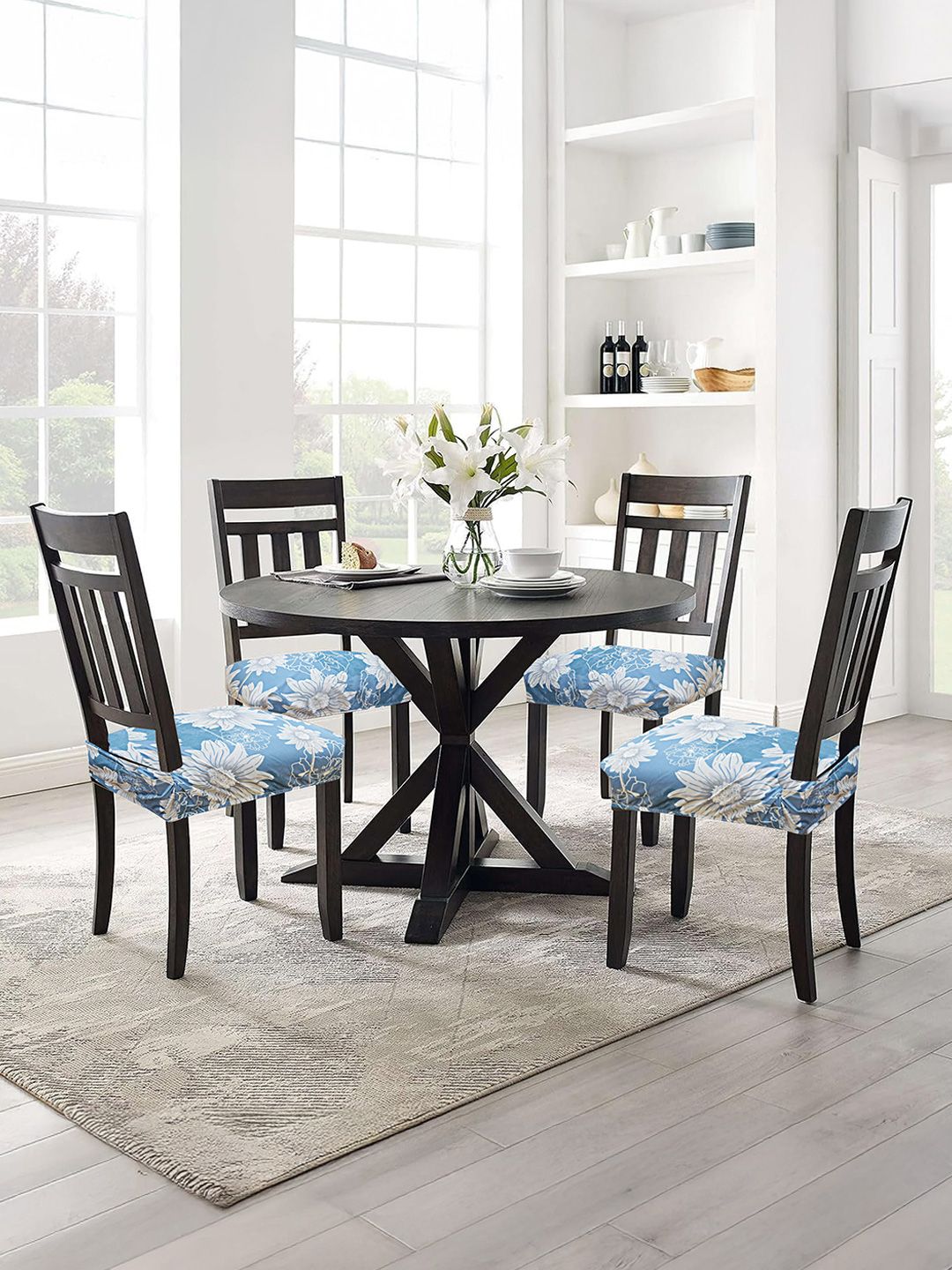 ohello 4 Pcs Blue & Grey Floral Printed Elasticated Fitted Polyester Chair Seat Covers-picture-37