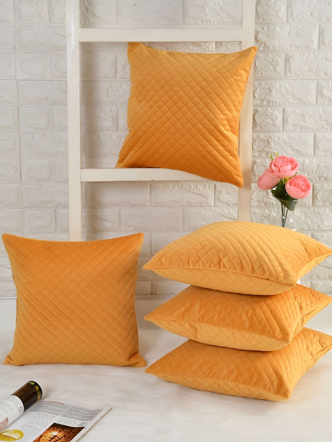 HOMADORN Yellow 5 Pieces Checked Velvet Square Cushion Covers-picture-38