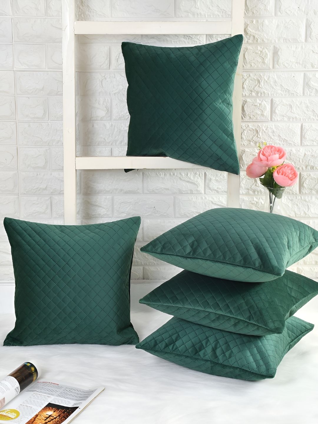 HOMADORN Green 5 Pieces Checked Velvet Square Cushion Covers-picture-13