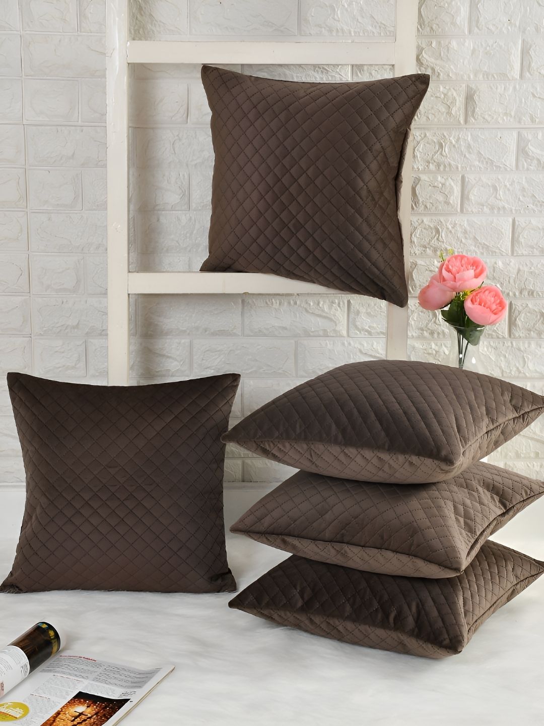HOMADORN Brown 5 Pieces Checked Velvet Square Cushion Covers-picture-28