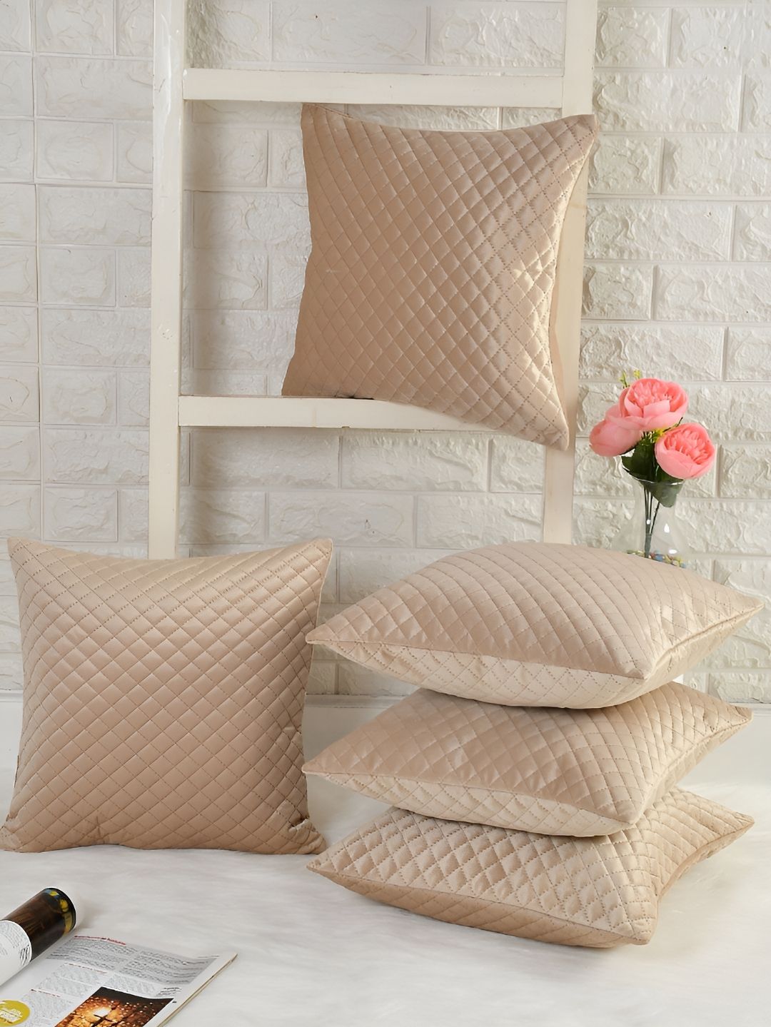 HOMADORN Beige 5 Pieces Checked Velvet Square Cushion Covers-picture-21