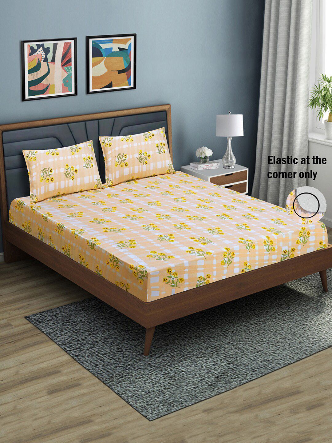 Aura Floral Print Fitted 144 TC Microfiber Queen Bedsheet With 2 Pillow Covers-picture-17