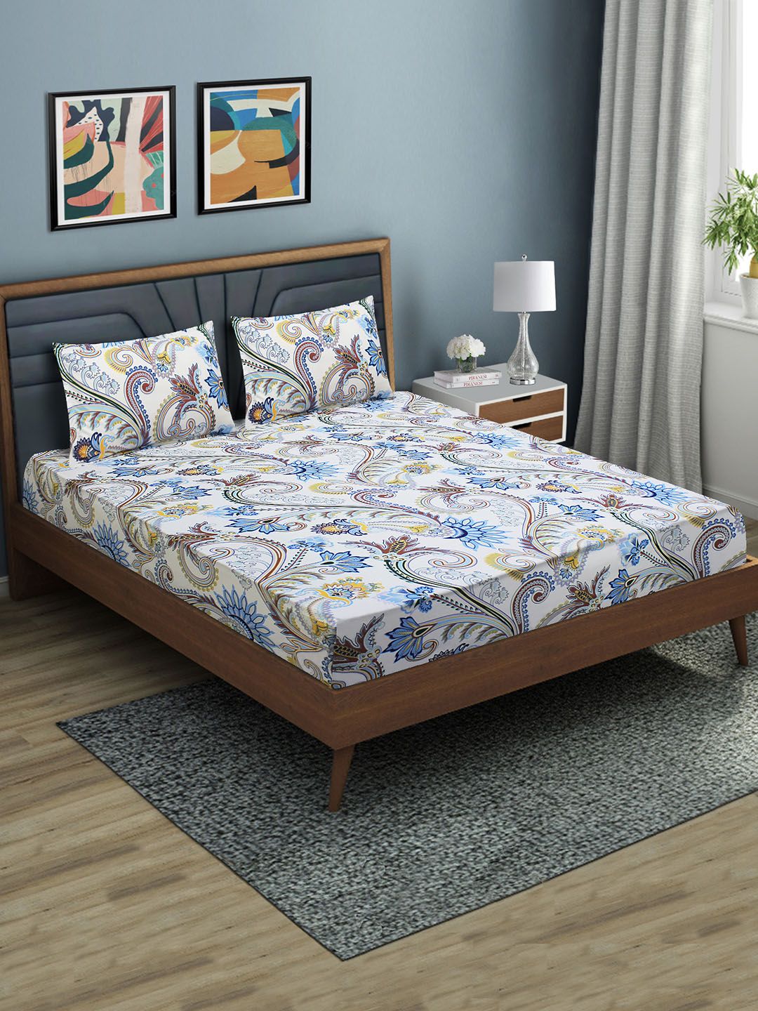 Aura White & Blue Printed Fitted 144 TC Queen Bedsheet With 2 Pillow Covers-picture-25