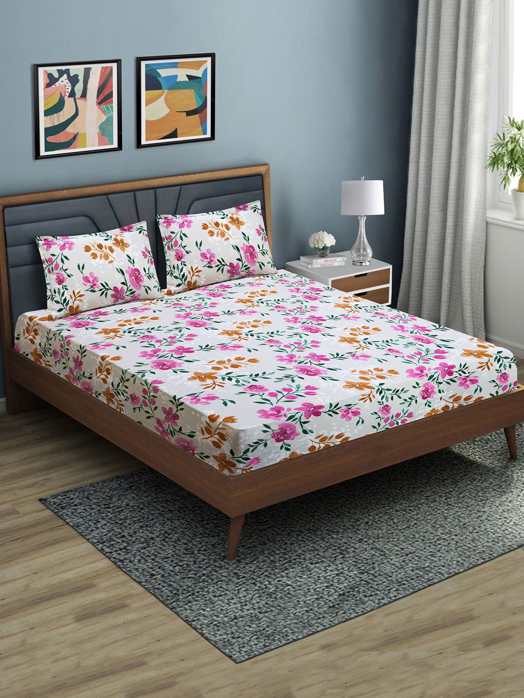 Aura Floral Print Fitted 144 TC Queen Bedsheet With 2 Pillow Covers-picture-33