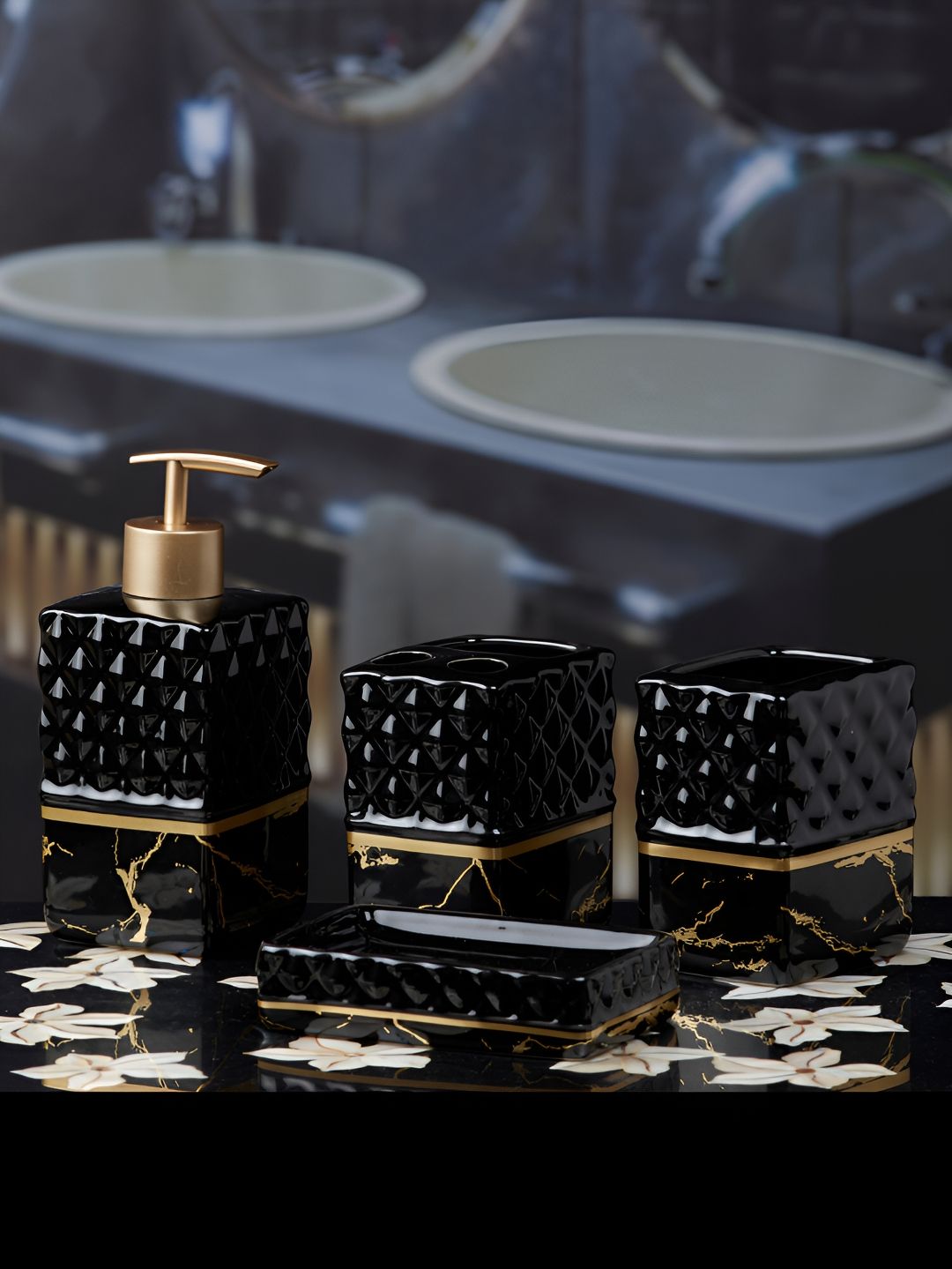 Kookee Black 4 Pieces Textured Ceramic Bath Accessories Set-picture-57