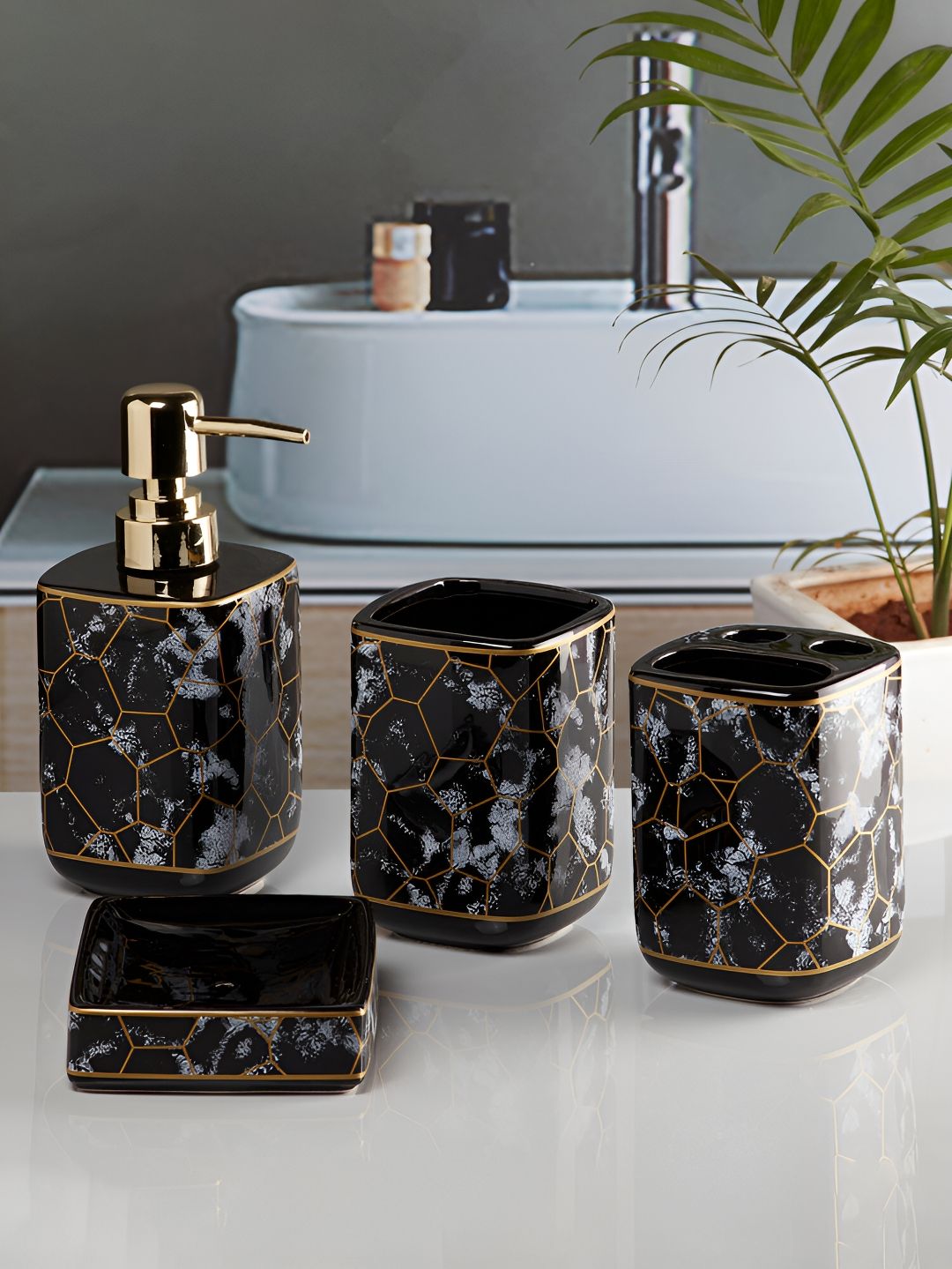 Kookee Black 4 Pieces Ceramic Cylindrical Shaped Bath Accessories Set-picture-24