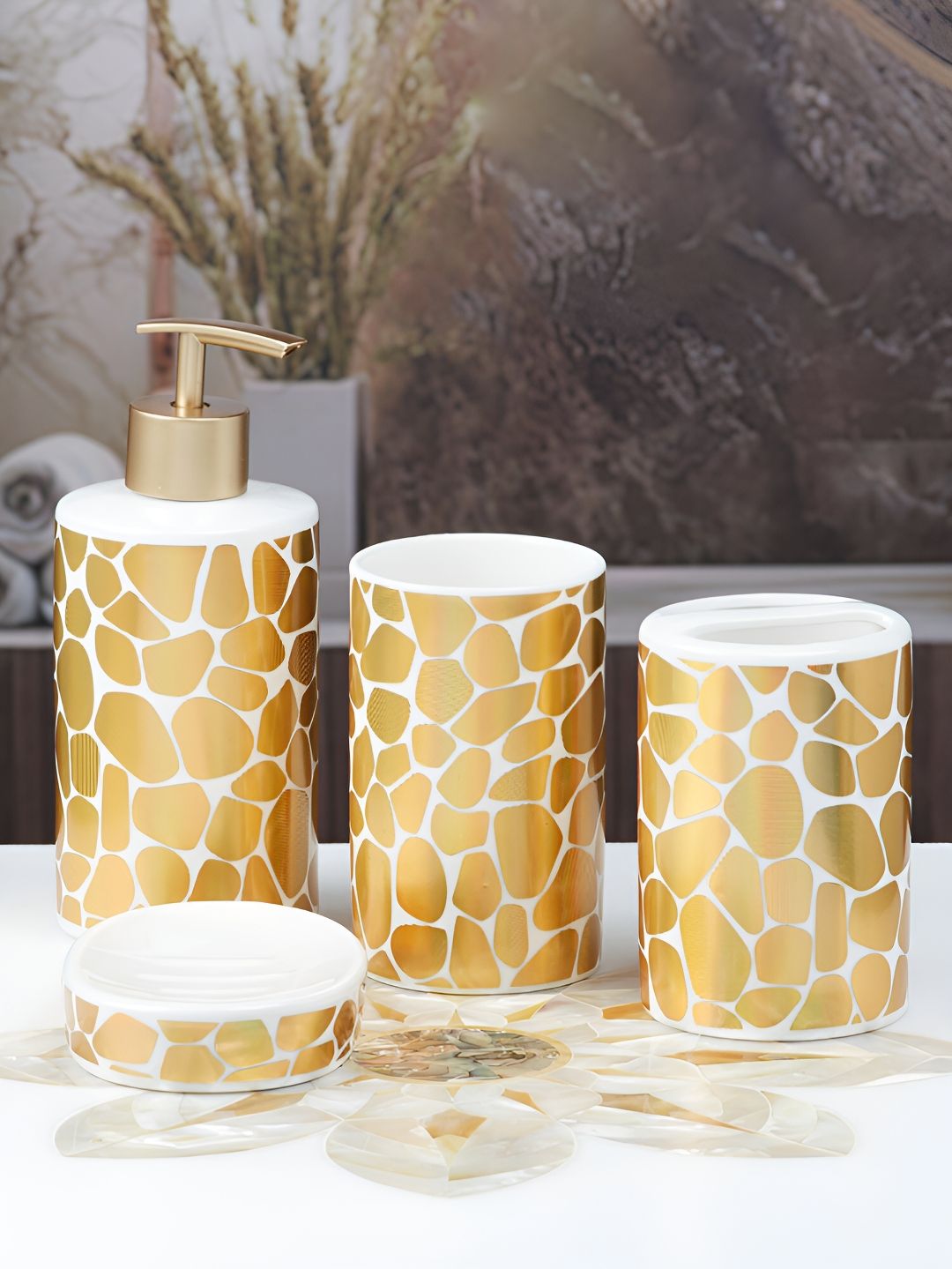 Kookee Gold Toned 4 Pieces Abstract Printed Ceramic Bath Accessories Set-image-4