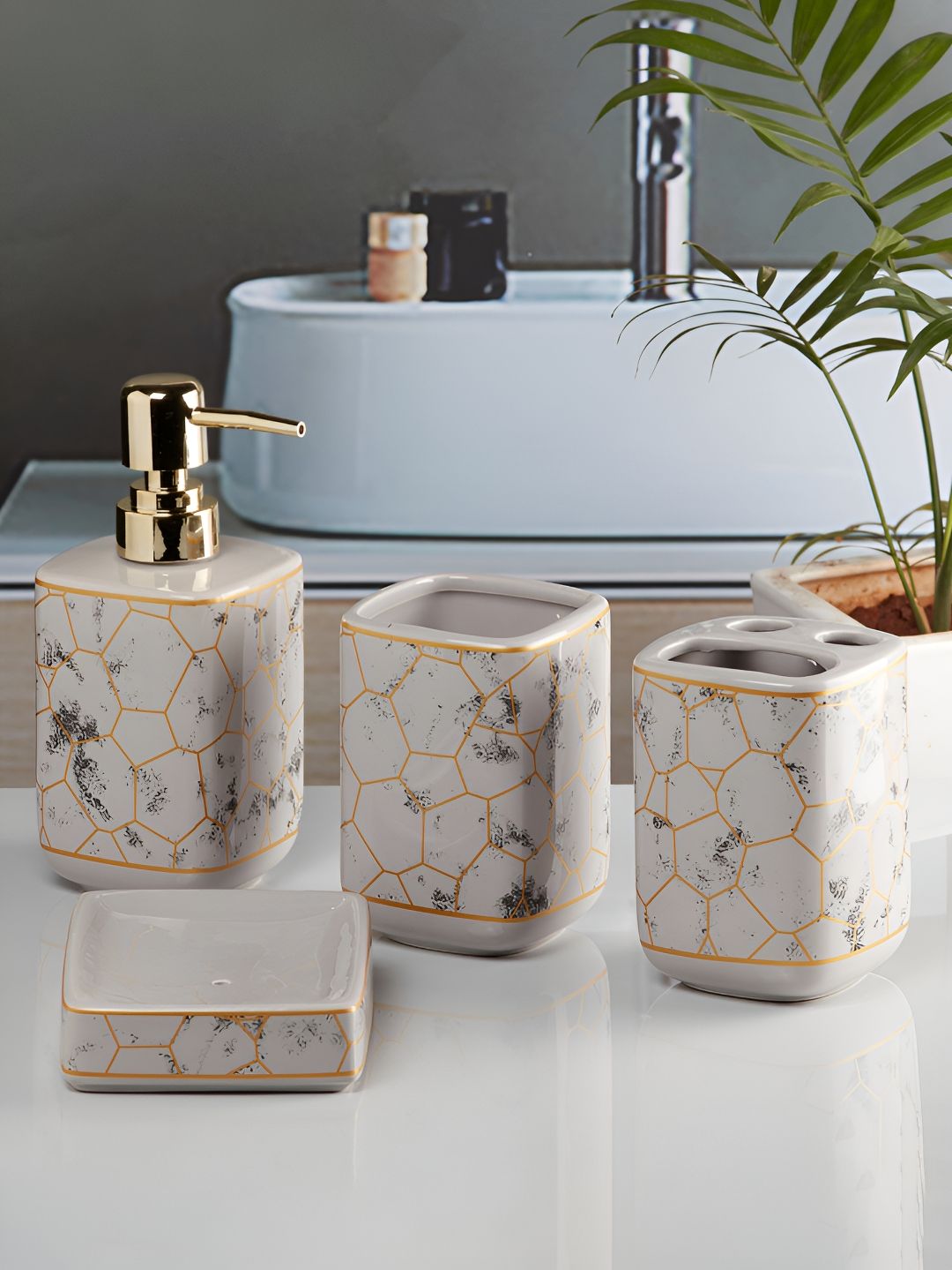 Kookee Grey 4 piece Abstract Ceramic Bath Accessories Set-image-37