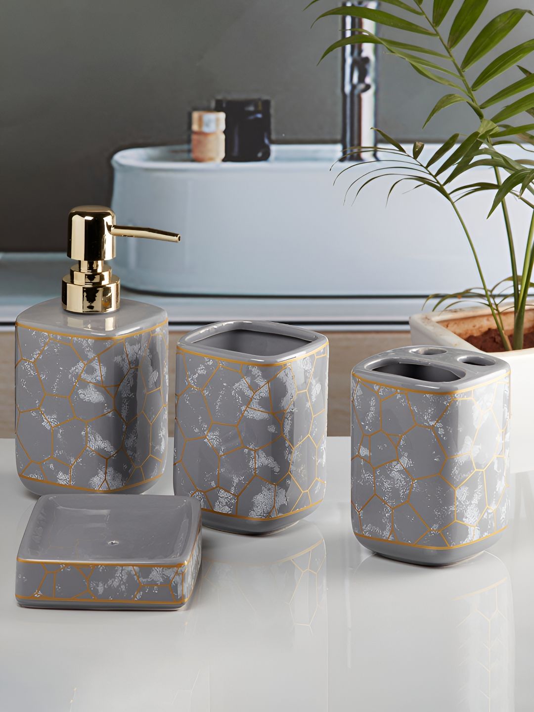 Kookee Grey & Brown 4Pcs Abstract Ceramic Bath Accessories Set-image-18