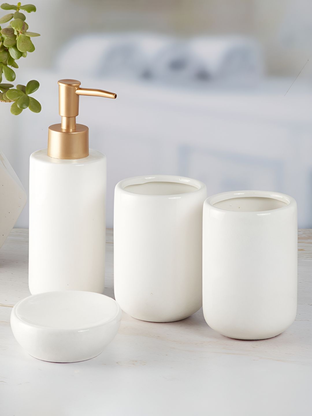 Kookee White 4 Pieces Glossy Ceramic Bath Accessories Set-image-49