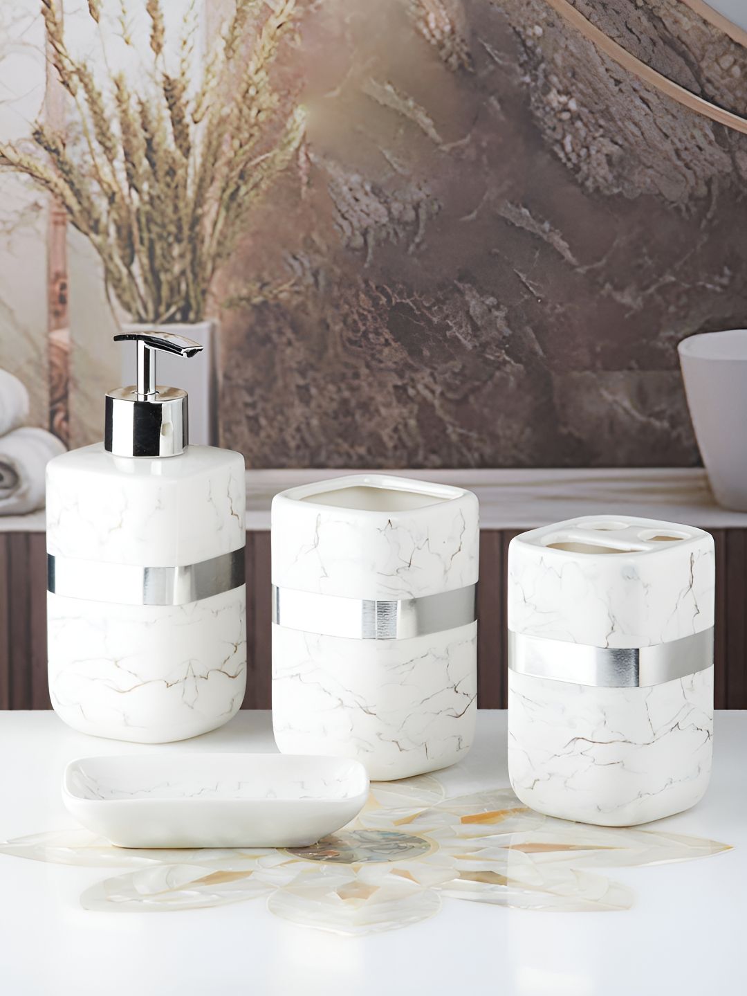 Kookee White & Grey 4 Pcs Abstract Ceramic Bath Accessories Set-picture-37