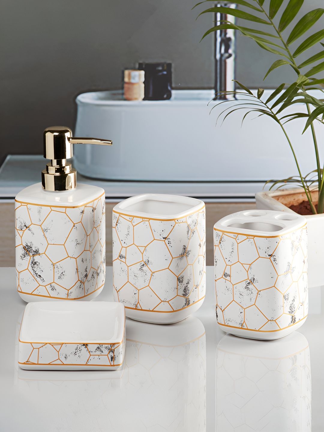 Kookee White & Gold Toned 4 Pieces Geometric Ceramic Bath Accessories Set-picture-6