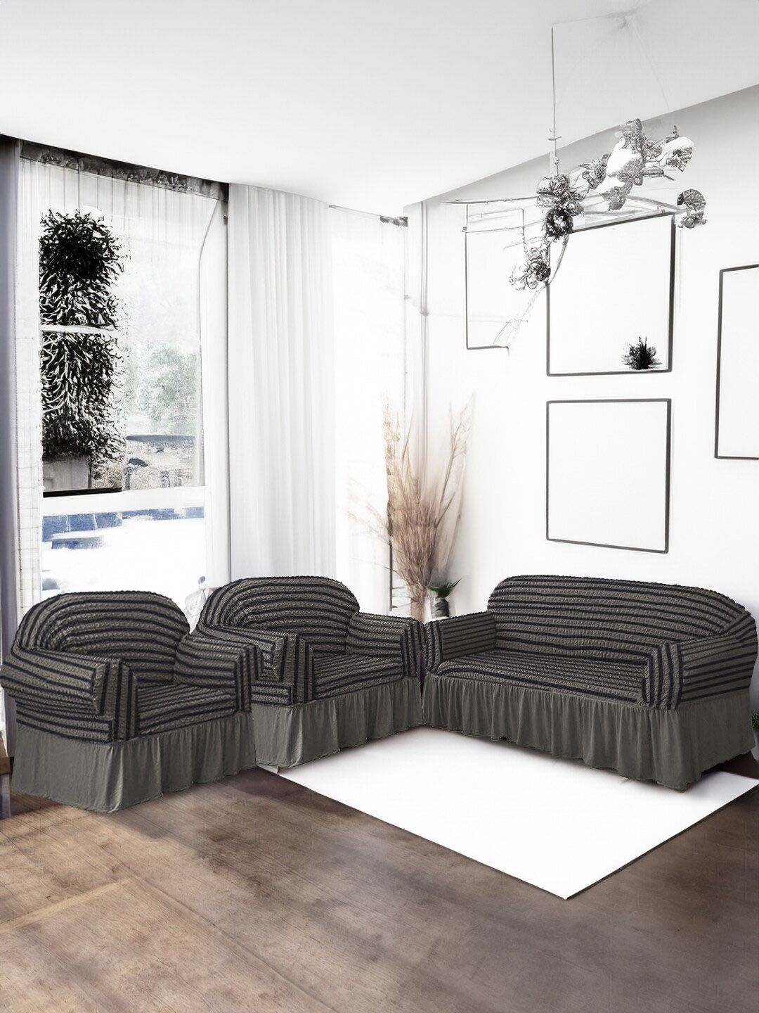 Cortina Grey & Black 3 Pcs Striped Slipcover Easy Fitted Sofa Couch Cover Set With Skirt-image-14