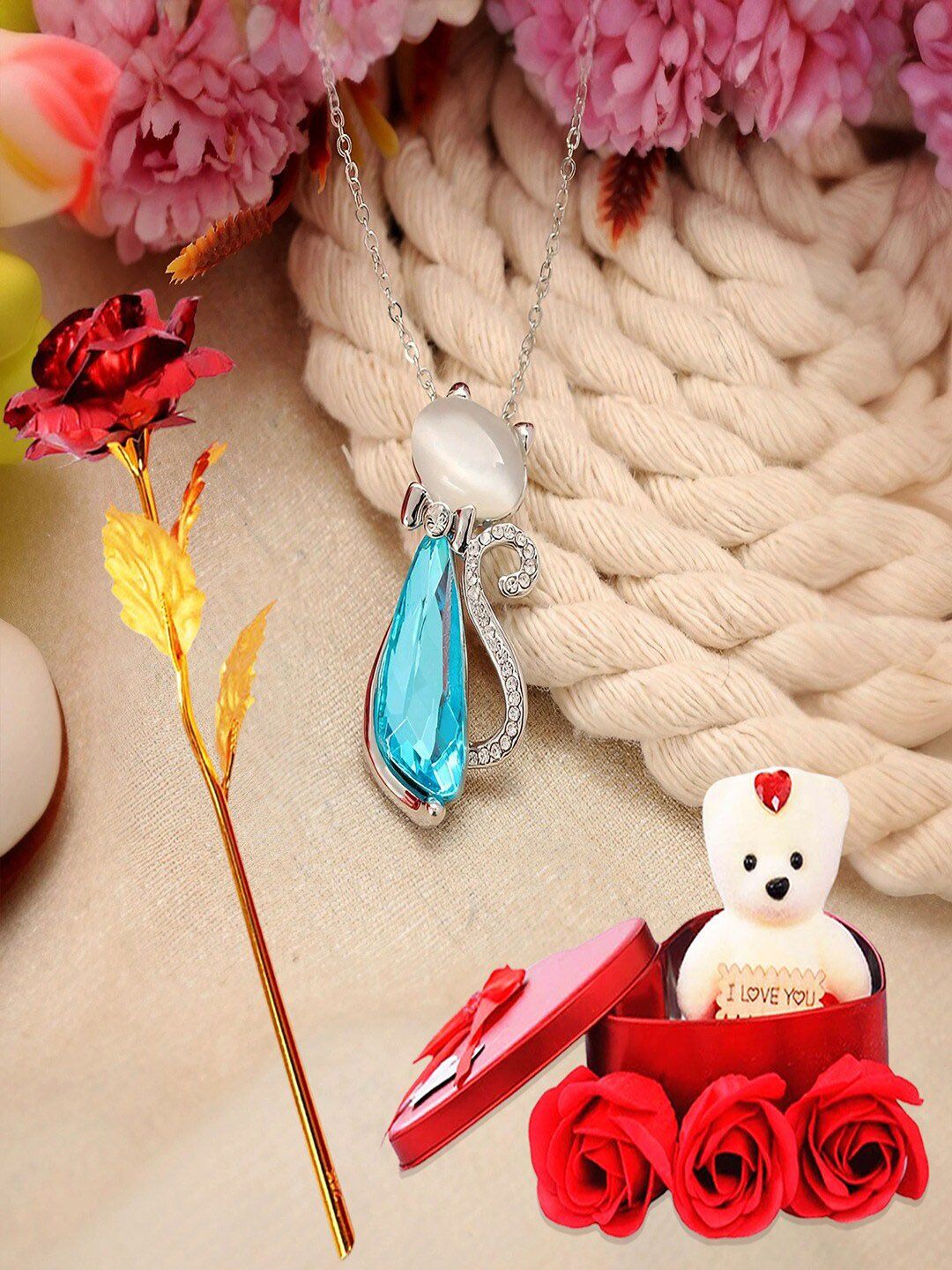 UNIVERSITY TRENDZ Red & Blue 3 Pieces Pendent Teddy & Rose With A Box Set-image-13