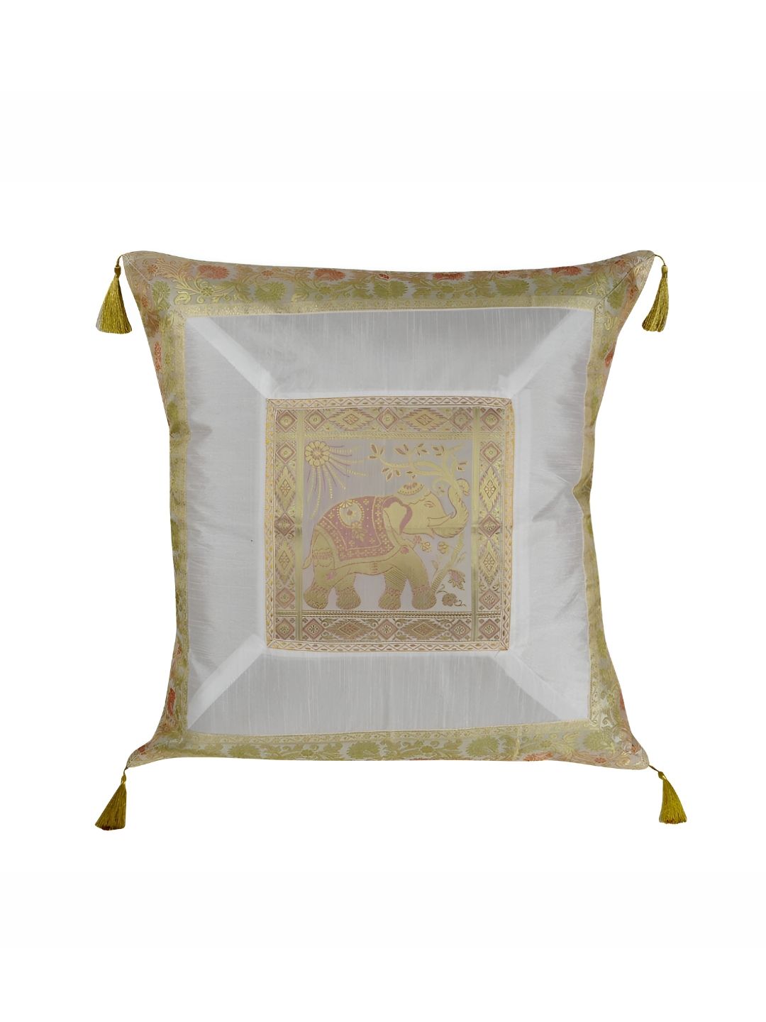 Lal Haveli White & Gold Toned Ethnic Motifs Silk Square Cushion Cover-picture-39