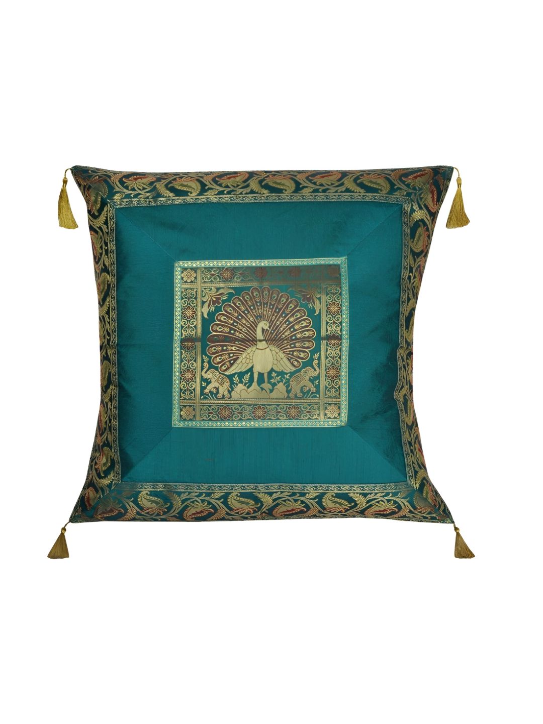 Lal Haveli Green & Gold Toned Ethnic Motifs Silk Square Cushion Cover-picture-29