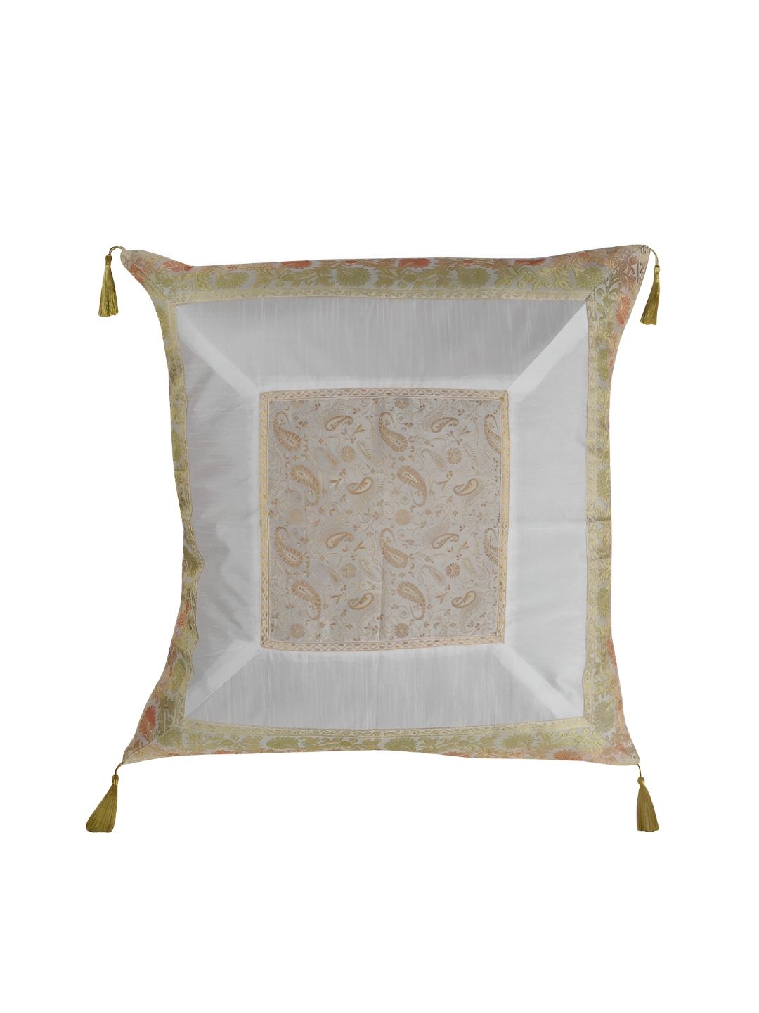 Lal Haveli White & Gold Toned Ethnic Motifs Silk Square Cushion Cover-picture-22