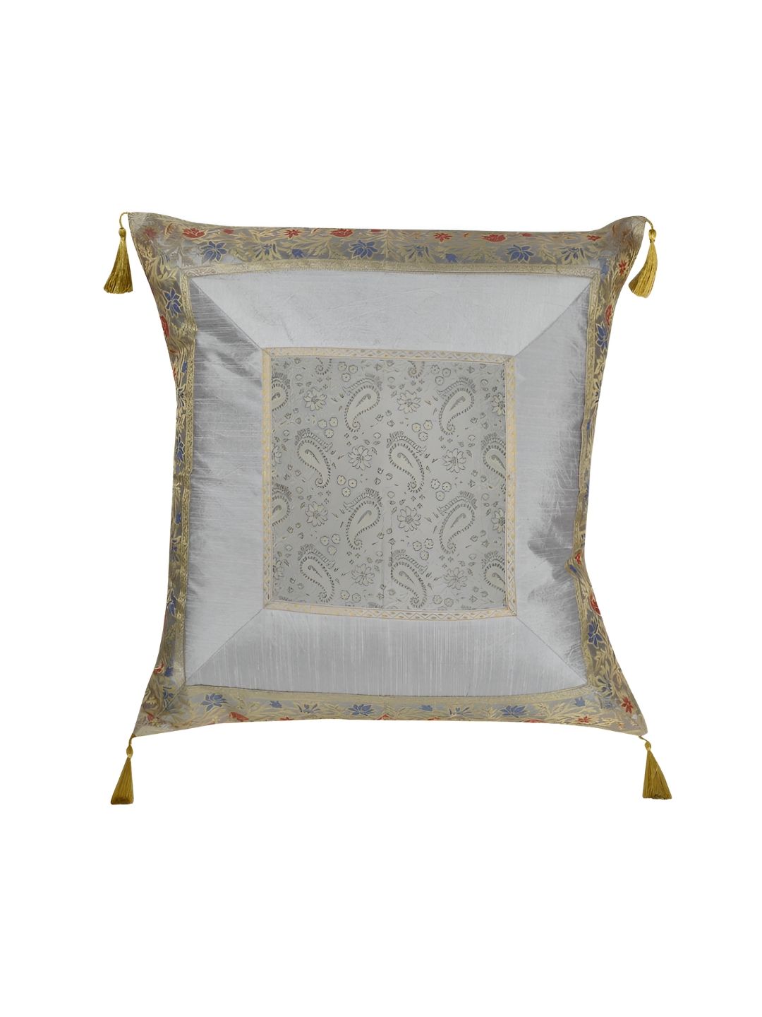 Lal Haveli Grey & Gold Toned Ethnic Motifs Silk Square Cushion Cover-picture-20