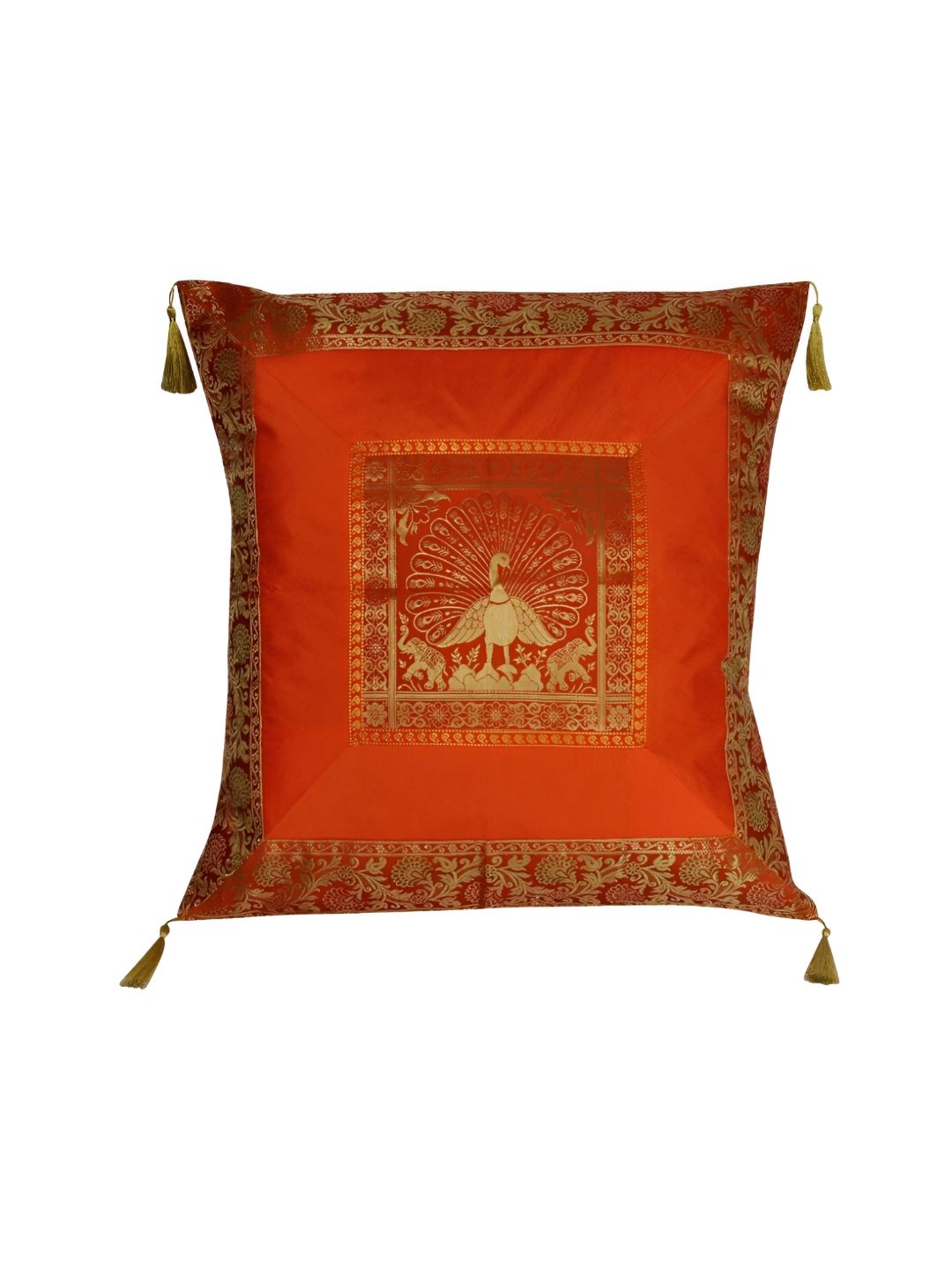 Lal Haveli Orange & Gold Toned Ethnic Motifs Silk Square Cushion Cover-picture-25