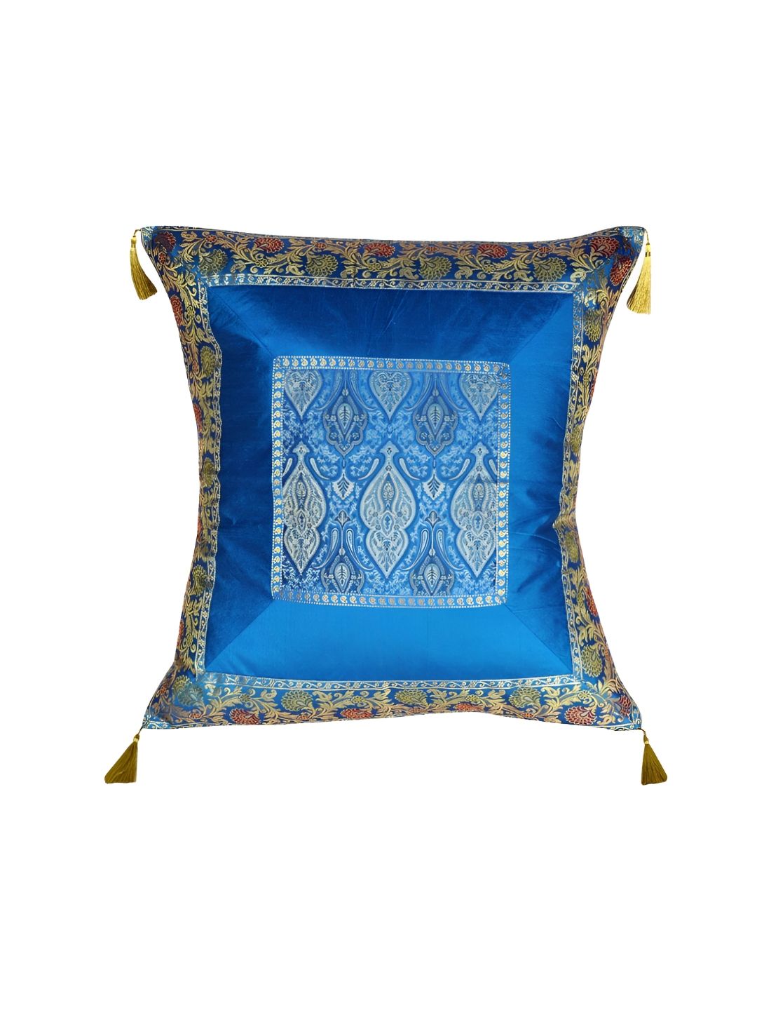 Lal Haveli Turquoise Blue & Gold Toned Ethnic Motifs Silk Square Cushion Cover-picture-41