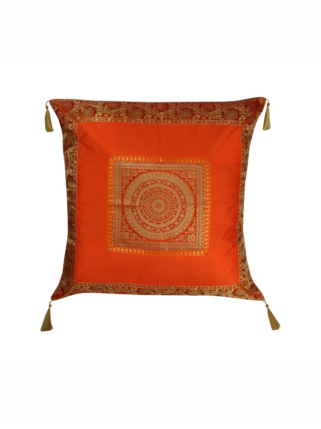 Lal Haveli Orange & Gold Toned Ethnic Motifs Silk Square Cushion Cover-picture-16