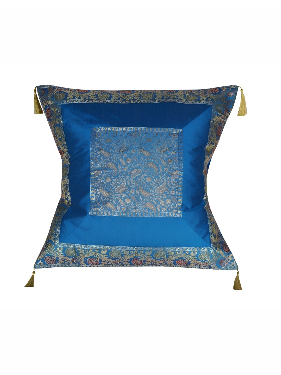 Lal Haveli Turquoise Blue & Gold Toned Ethnic Motifs Silk Square Cushion Cover-picture-18